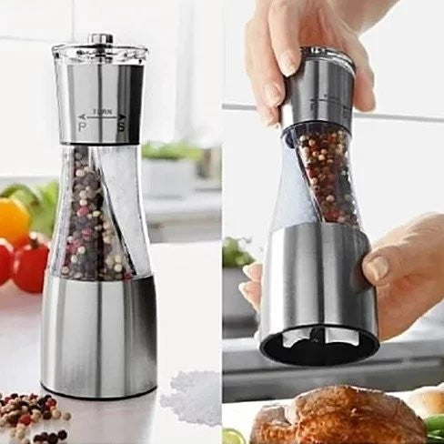 TWIN TWISTER 2-in-1 Salt and Pepper Crusher - Manual Mill with Adjustable Coarseness, Stainless Steel - Space-Saving Design for Kitchen & Dining