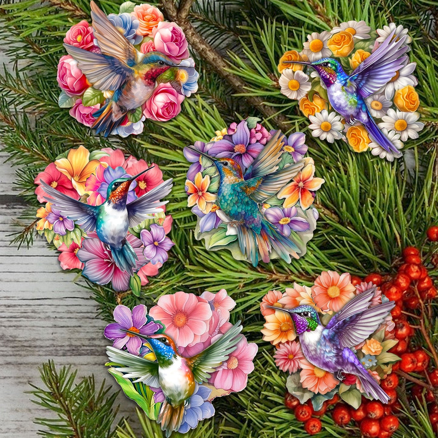 Hummingbirds Decorative Wooden Clip-on Ornaments Set of 6 by G. Debrekht - Easter Spring Decor - 8090140C-S6-1