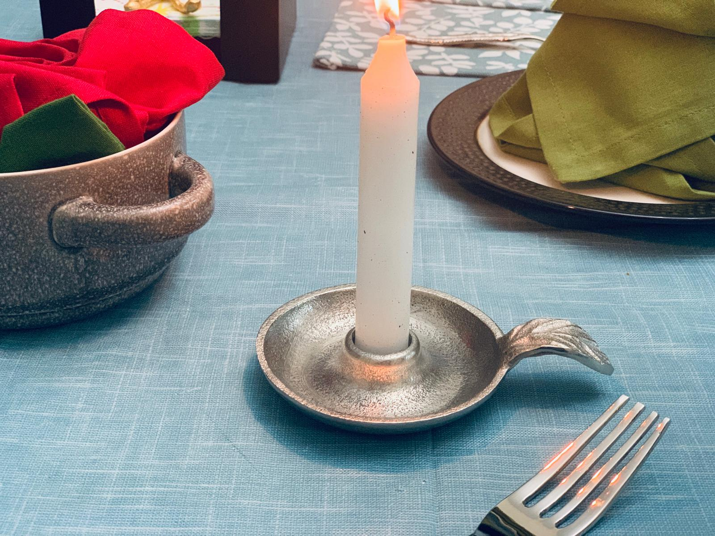 Elegant Vibhsa Silver Taper Candlestick Holder Dish - Perfect Rustic Home Decor Accessory