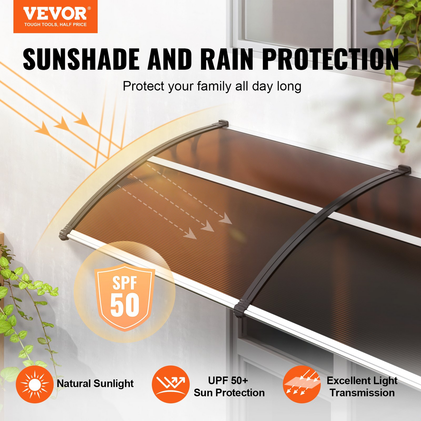 VEVOR 40" x 120" Window Door Awning Canopy - Durable Polycarbonate for UV, Rain, and Snow Protection - UPF 50+ Outdoor Shield for Home Exterior