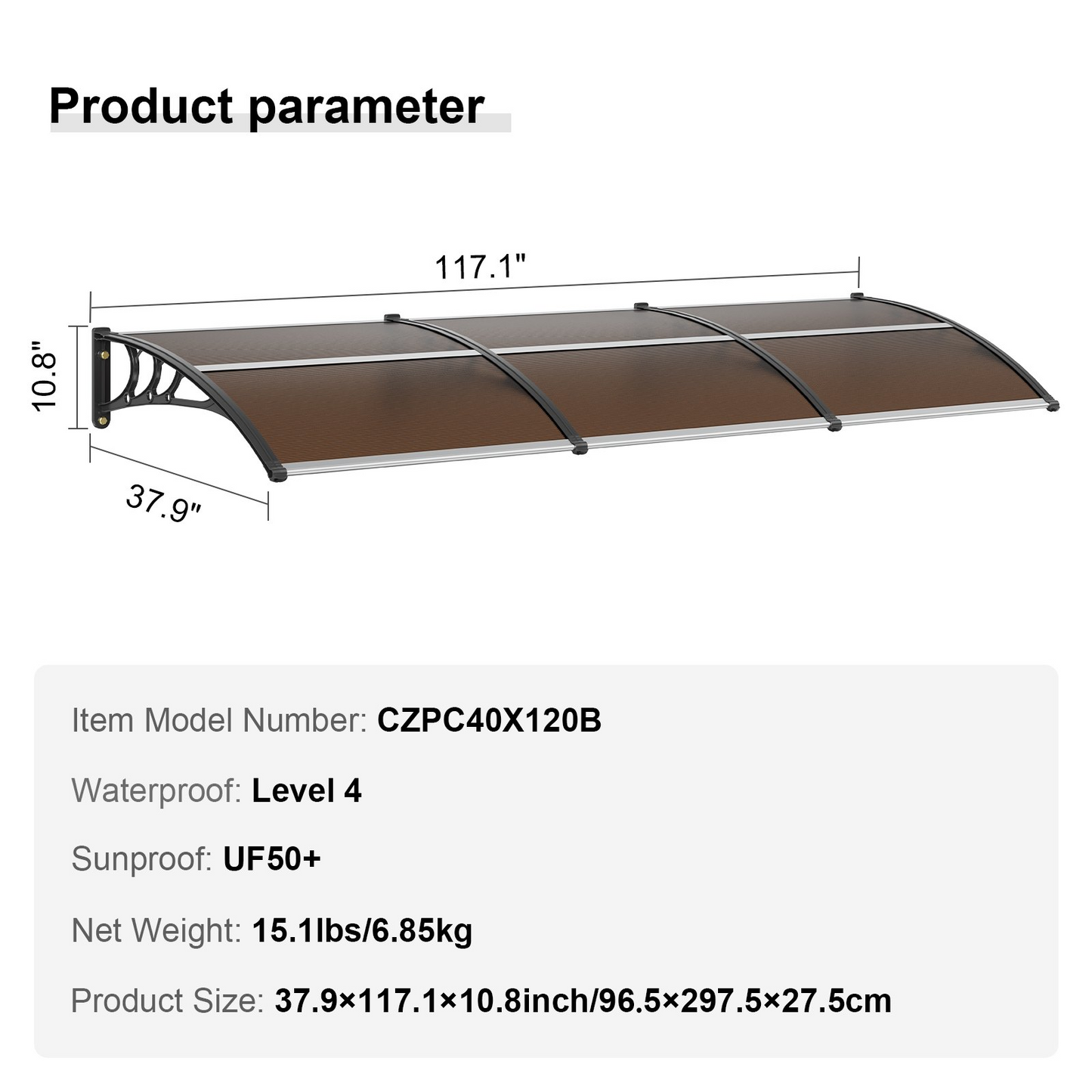 VEVOR 40" x 120" Window Door Awning Canopy - Durable Polycarbonate for UV, Rain, and Snow Protection - UPF 50+ Outdoor Shield for Home Exterior