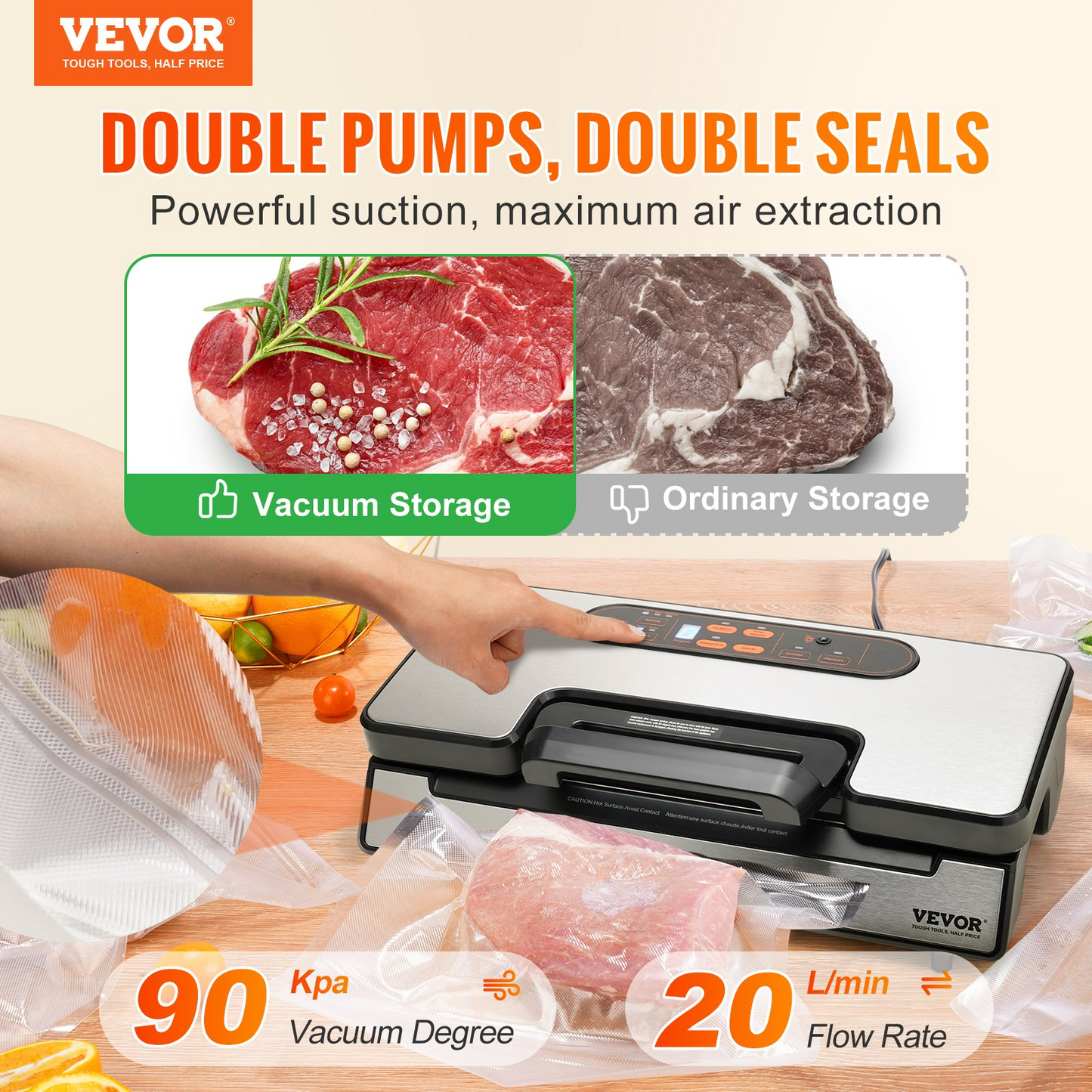 VEVOR Vacuum Sealer Machine – Dual Pump & Double Sealing, Stainless Steel, Built-in Cutter, Maximum Food Freshness