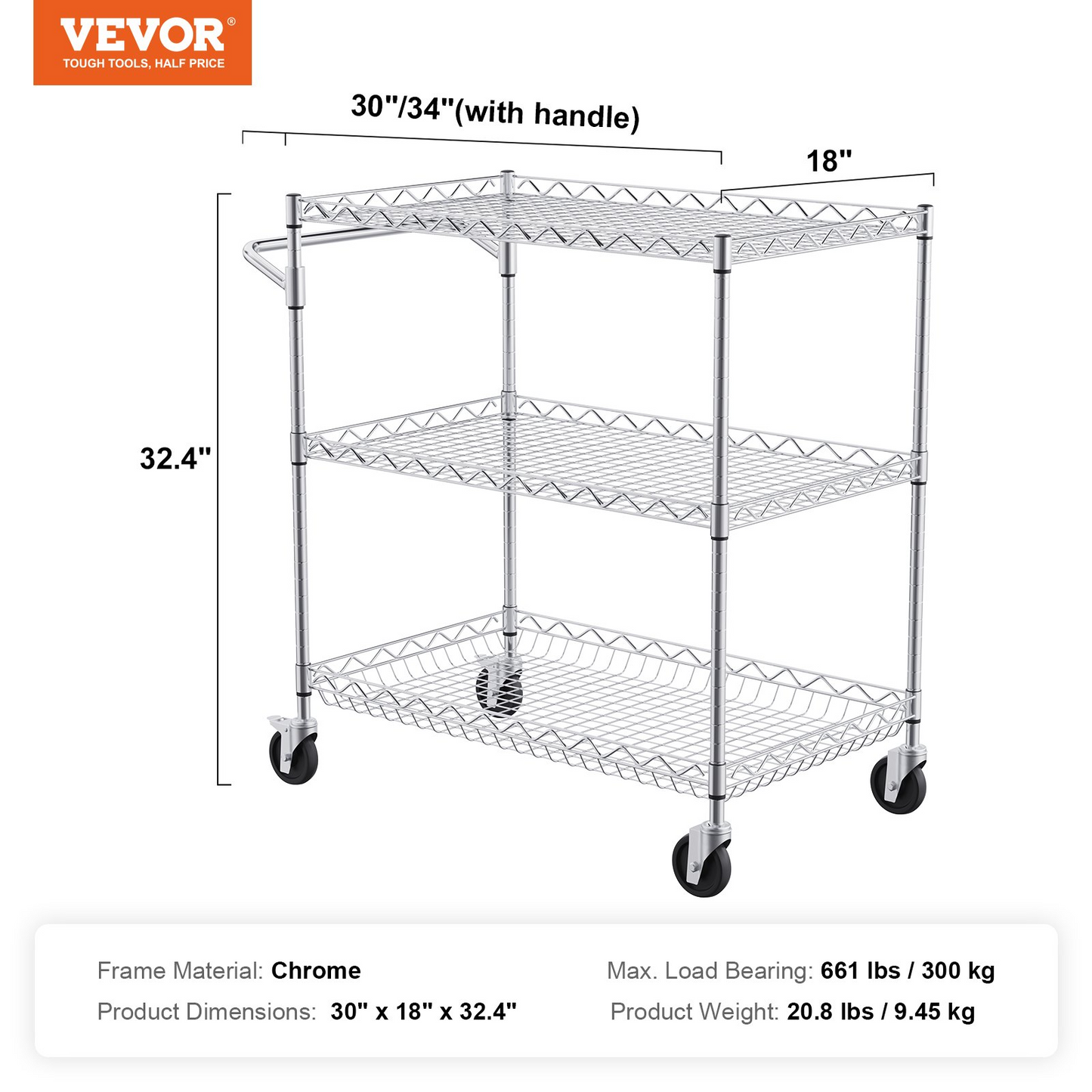 VEVOR Heavy-Duty 3-Tier Utility Cart - 30"x18"x32.4" Metal Rolling Cart with Lockable Wheels for Home, Office, Garage Storage