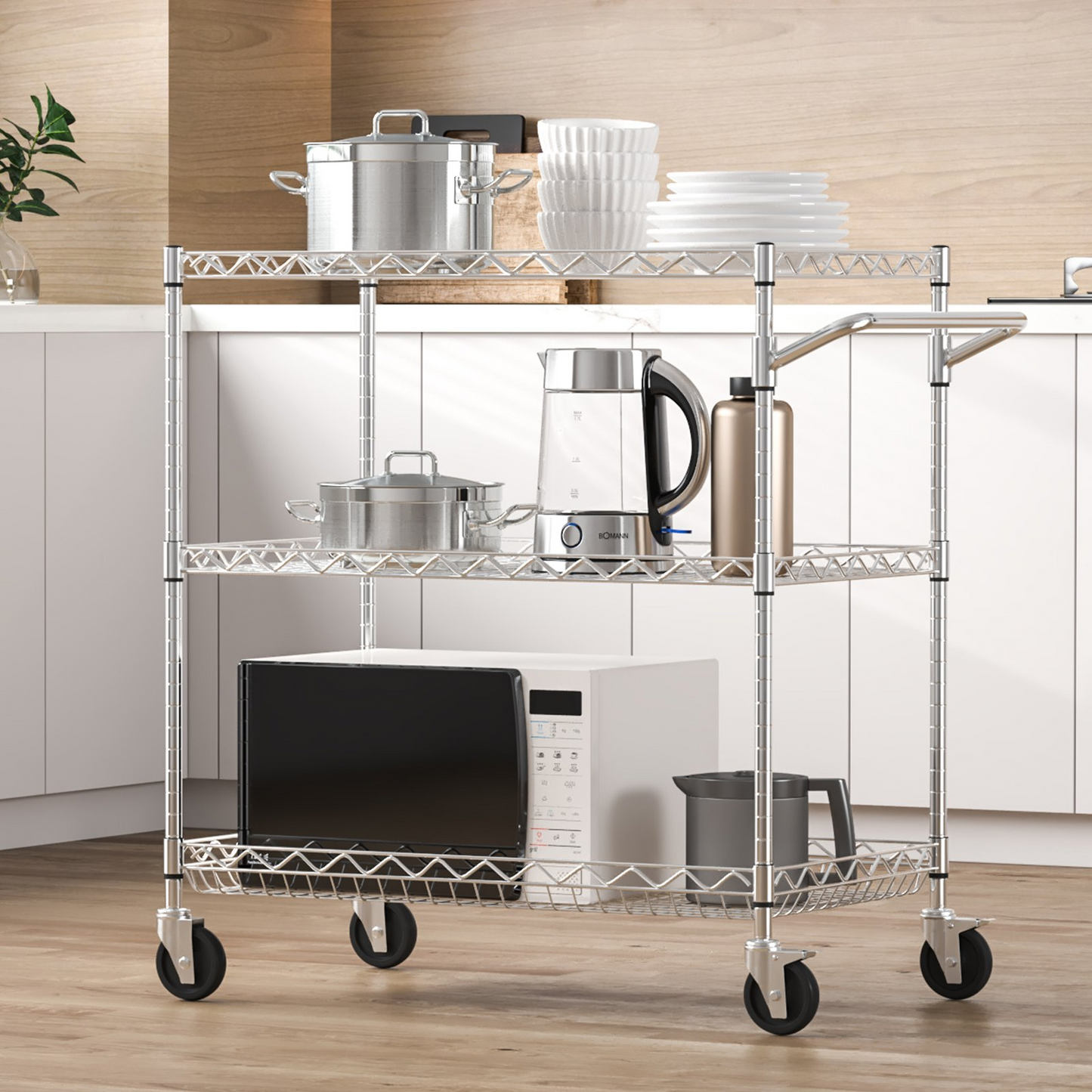 VEVOR Heavy-Duty 3-Tier Utility Cart - 30"x18"x32.4" Metal Rolling Cart with Lockable Wheels for Home, Office, Garage Storage