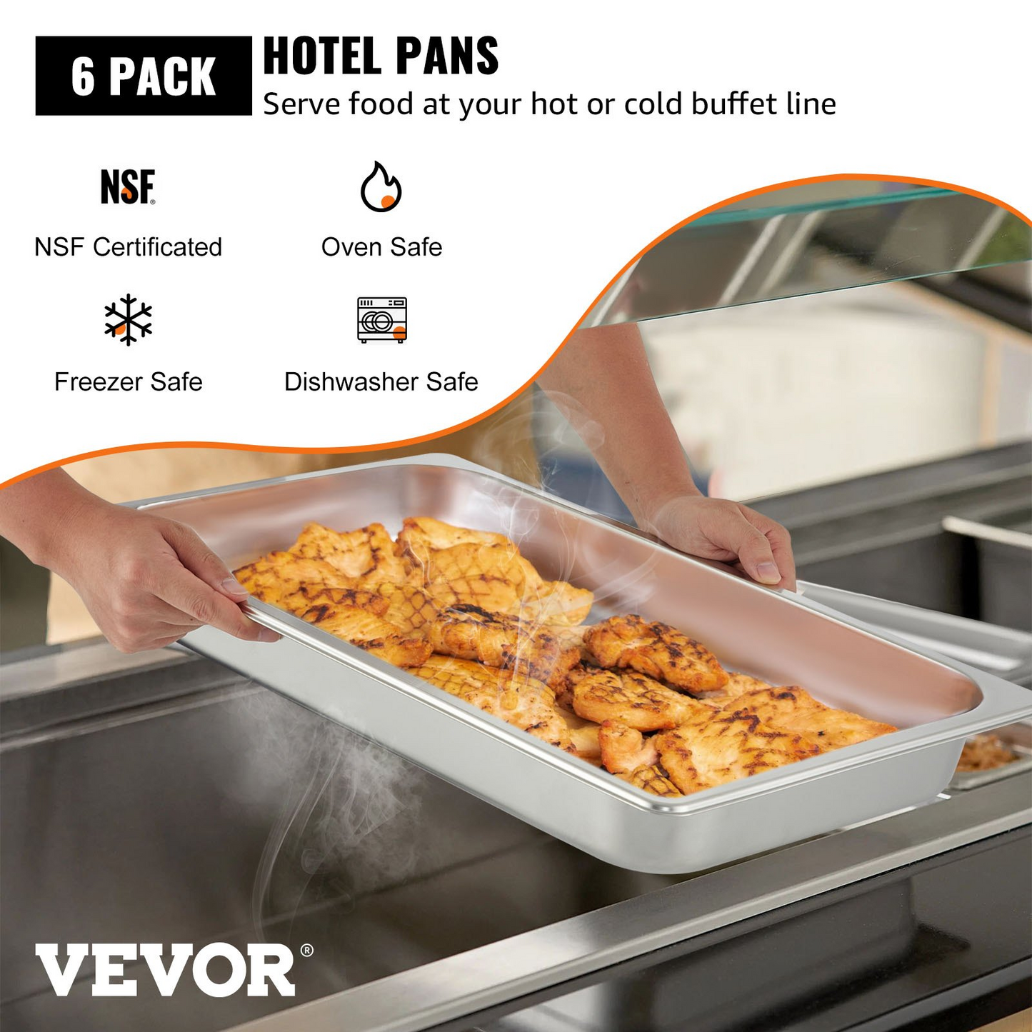 Durable Stainless Steel Hotel Pans Full Size Set - 6 Pack, 2.5 Inch Deep Steam Table Pans for Catering, Buffet & Food Service - Anti-Jam Design
