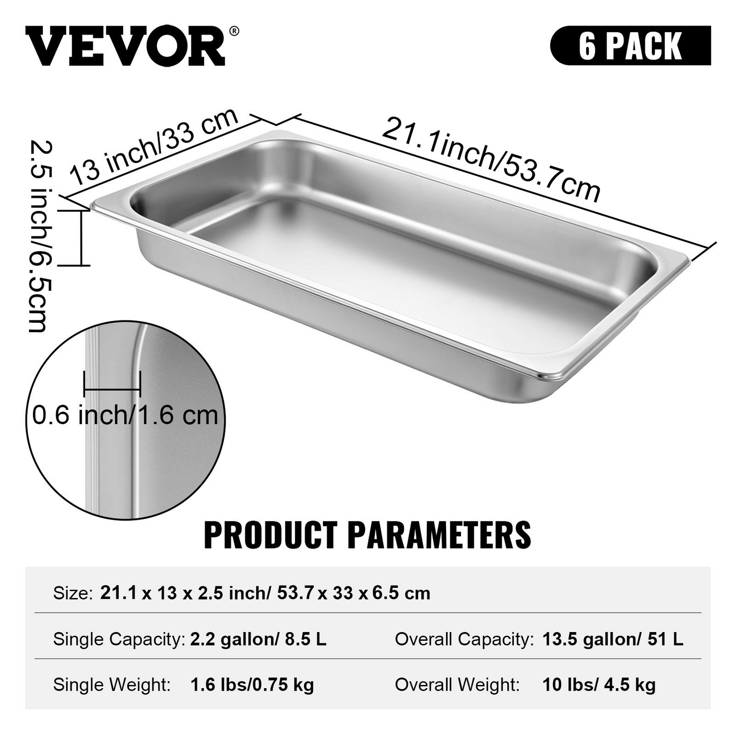 Durable Stainless Steel Hotel Pans Full Size Set - 6 Pack, 2.5 Inch Deep Steam Table Pans for Catering, Buffet & Food Service - Anti-Jam Design