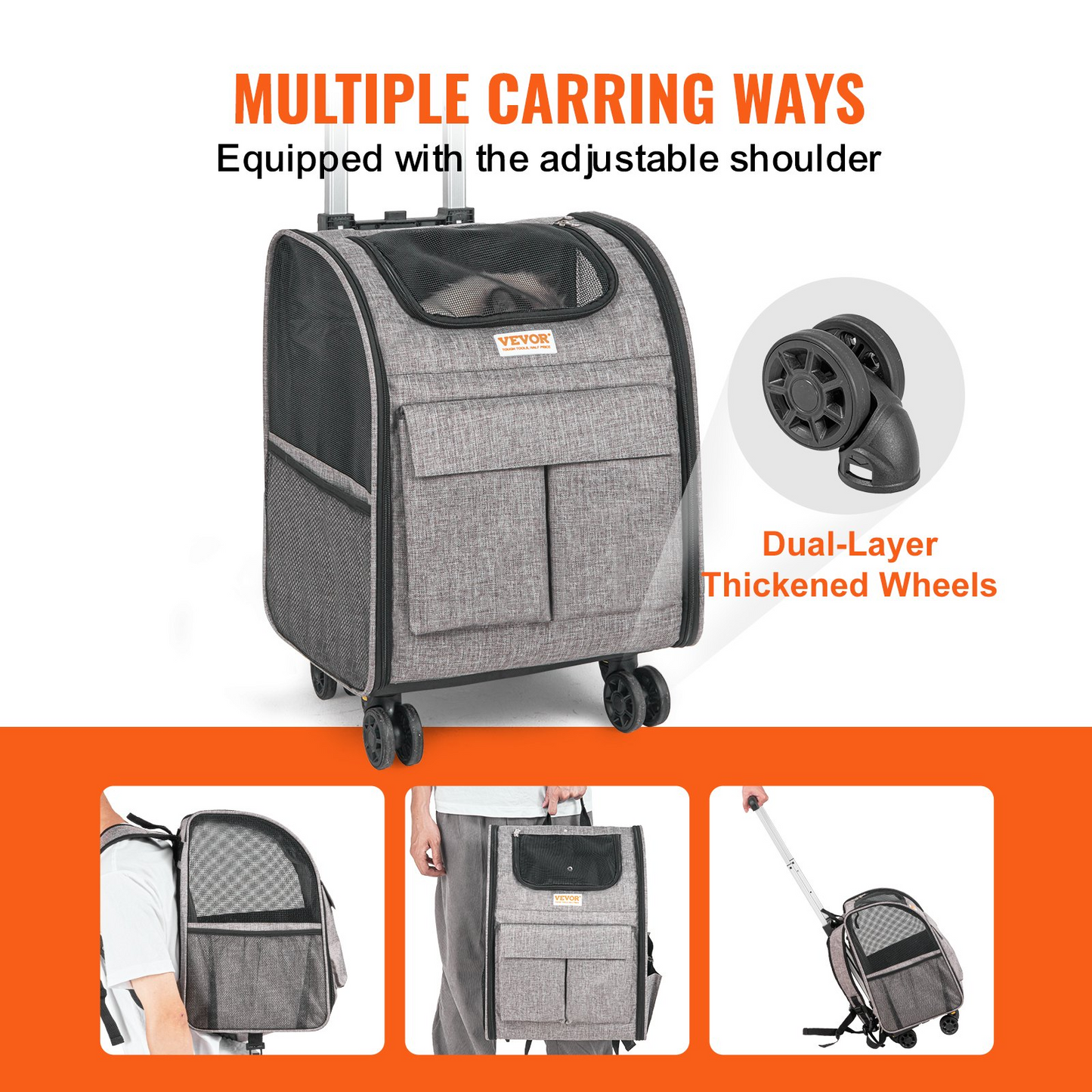 VEVOR Rolling Cat Carrier with Wheels - Stylish Grey Pet Carrier for Cats & Small Dogs Under 18 lbs - Durable & Travel-Friendly