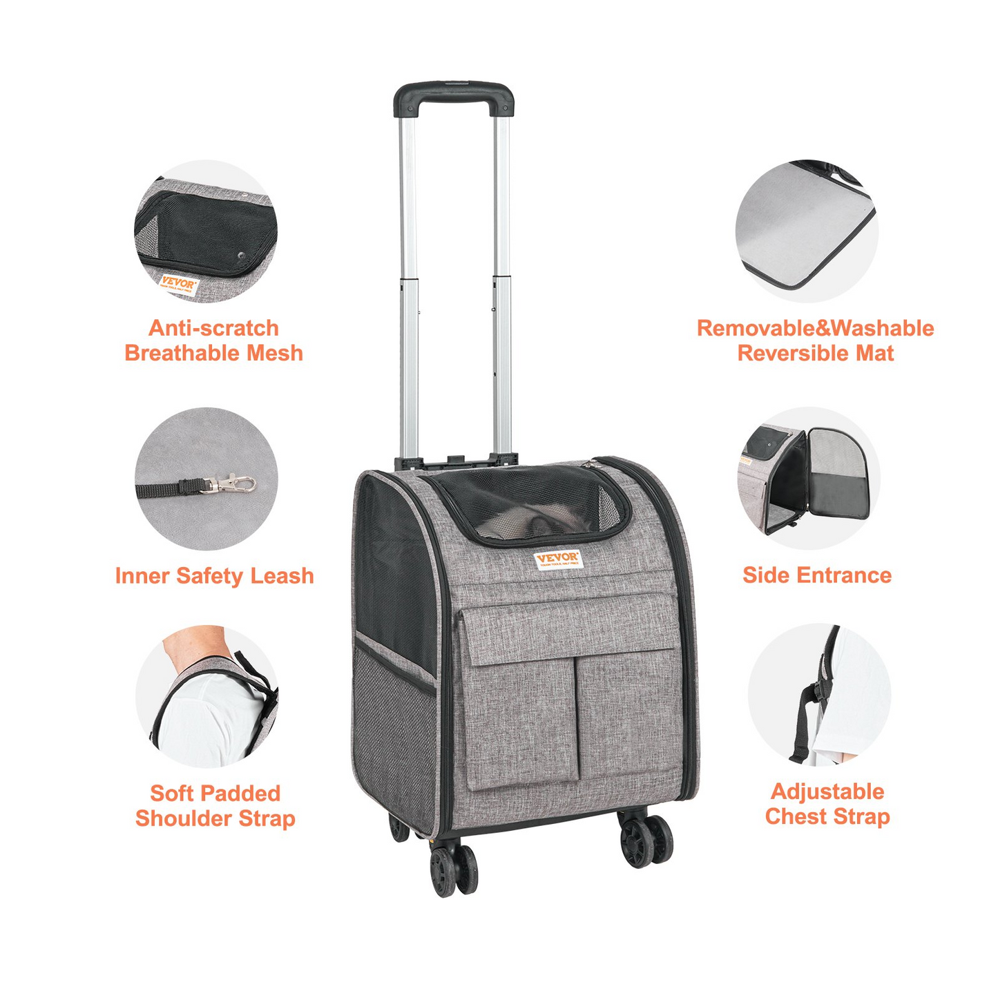 VEVOR Rolling Cat Carrier with Wheels - Stylish Grey Pet Carrier for Cats & Small Dogs Under 18 lbs - Durable & Travel-Friendly