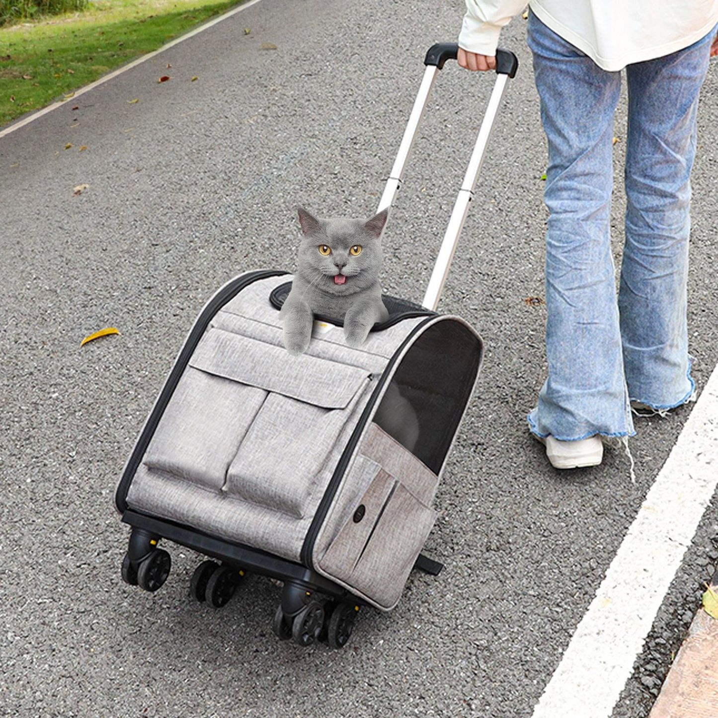 VEVOR Rolling Cat Carrier with Wheels - Stylish Grey Pet Carrier for Cats & Small Dogs Under 18 lbs - Durable & Travel-Friendly