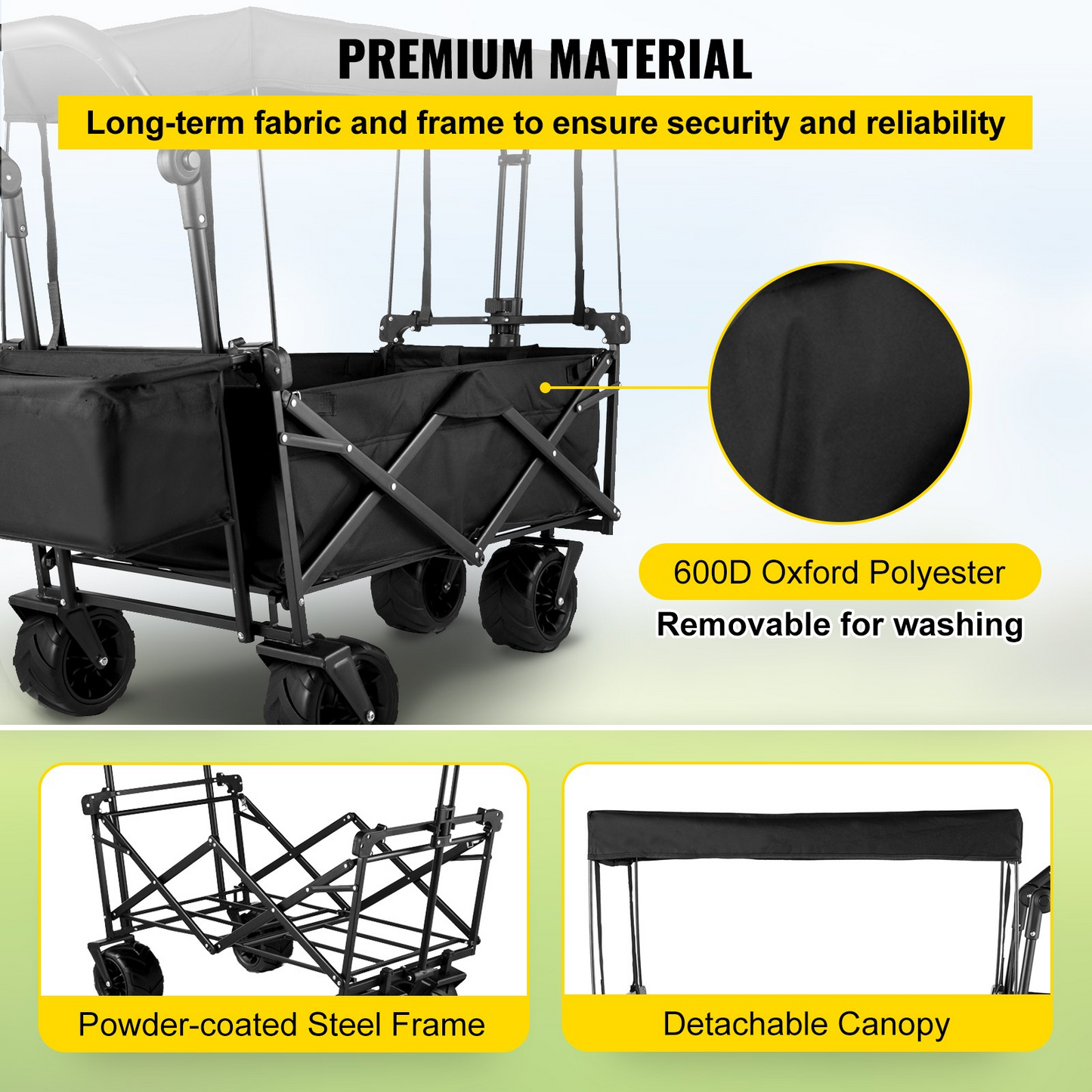 VEVOR Extra Large Collapsible Garden Cart - Heavy Duty, All-Terrain Folding Wagon with Removable Canopy | Ideal for Gardening, Camping, and Shopping - Black