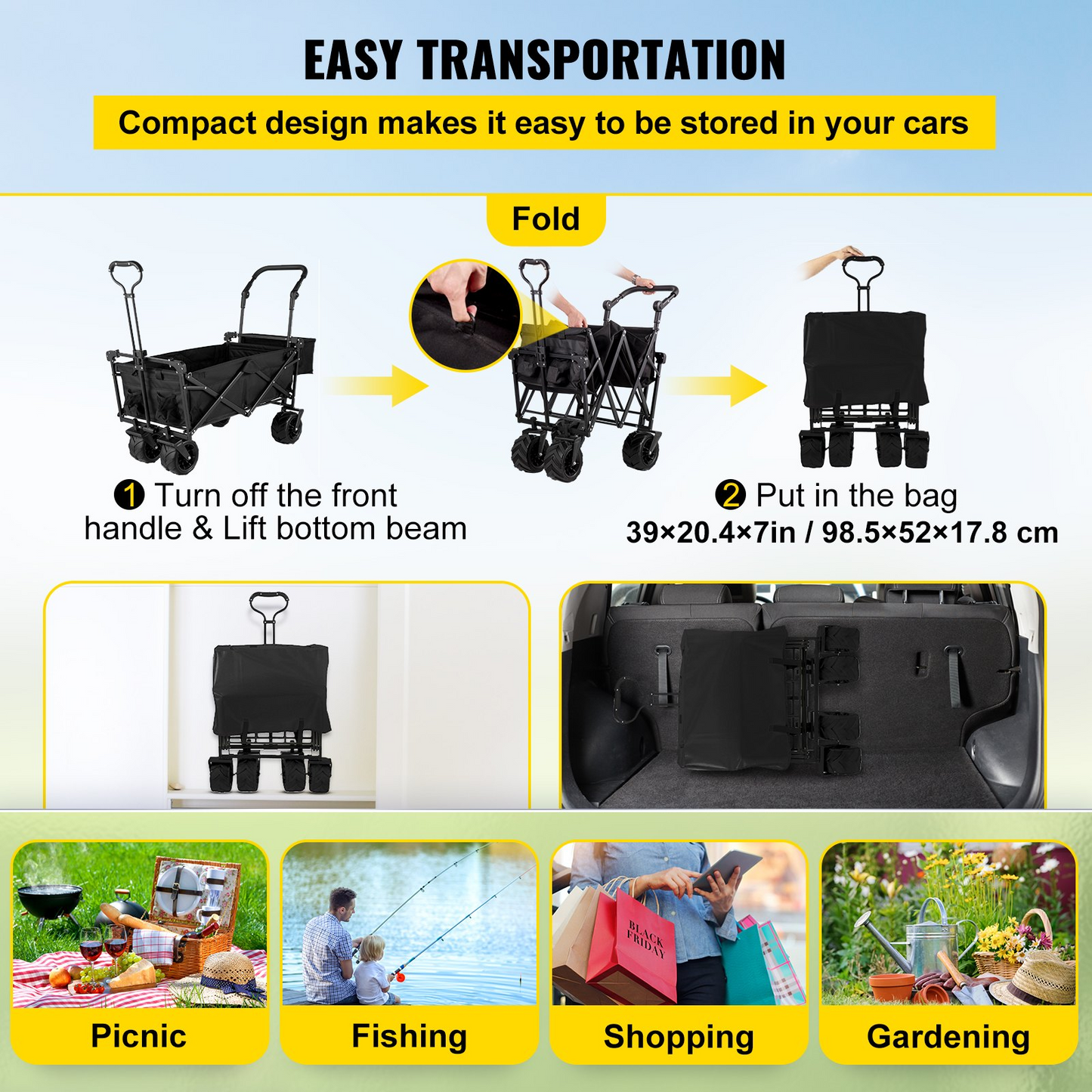 VEVOR Extra Large Collapsible Garden Cart - Heavy Duty, All-Terrain Folding Wagon with Removable Canopy | Ideal for Gardening, Camping, and Shopping - Black