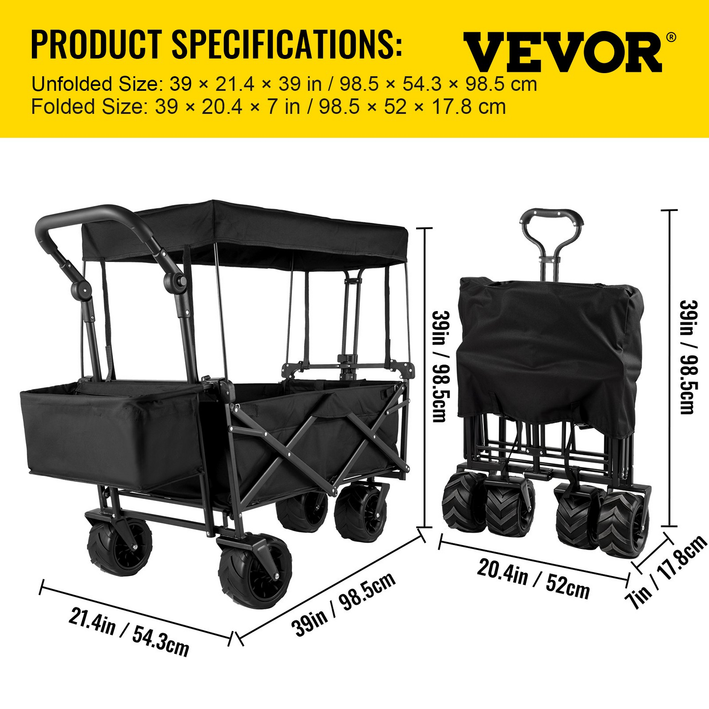 VEVOR Extra Large Collapsible Garden Cart - Heavy Duty, All-Terrain Folding Wagon with Removable Canopy | Ideal for Gardening, Camping, and Shopping - Black