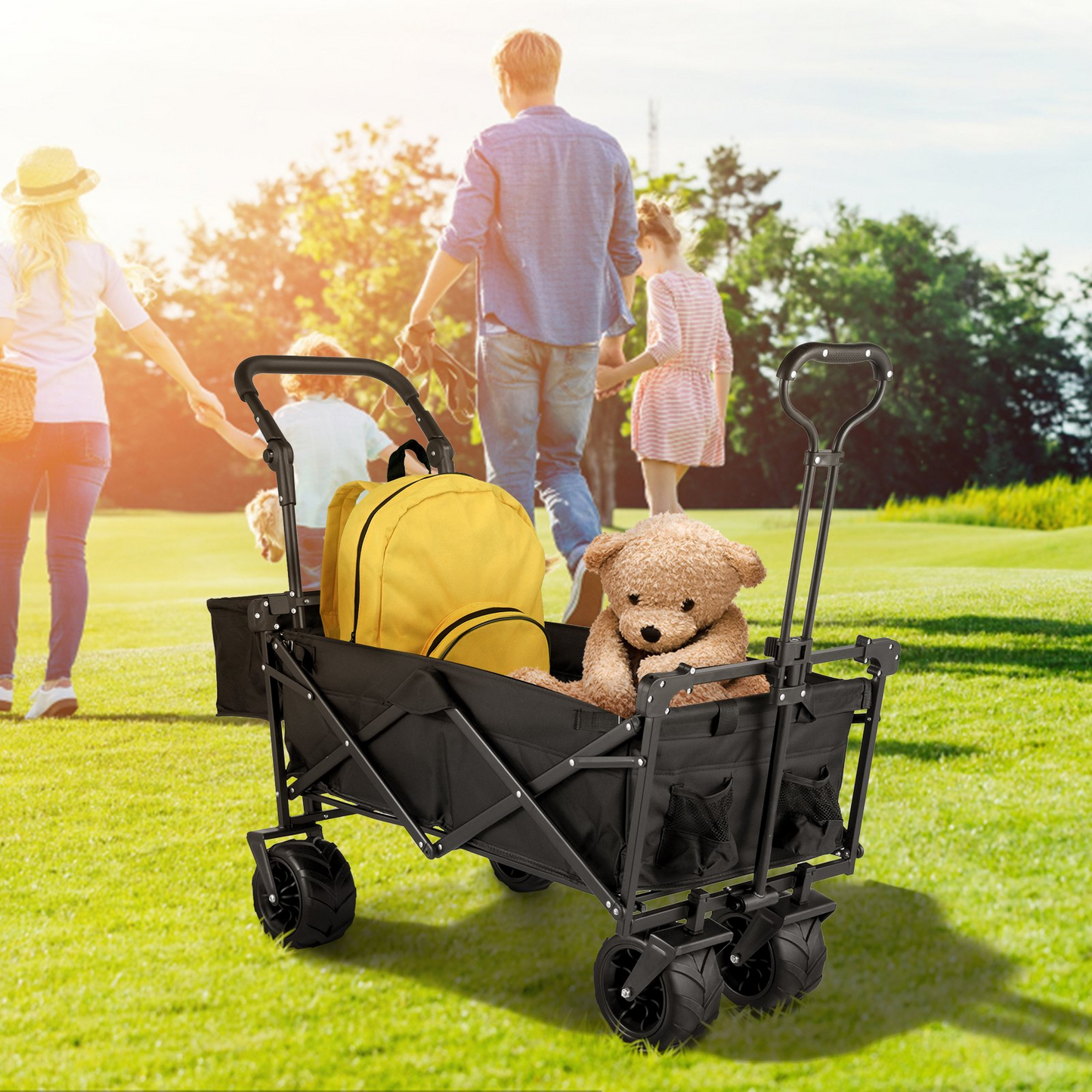 VEVOR Extra Large Collapsible Garden Cart - Heavy Duty, All-Terrain Folding Wagon with Removable Canopy | Ideal for Gardening, Camping, and Shopping - Black