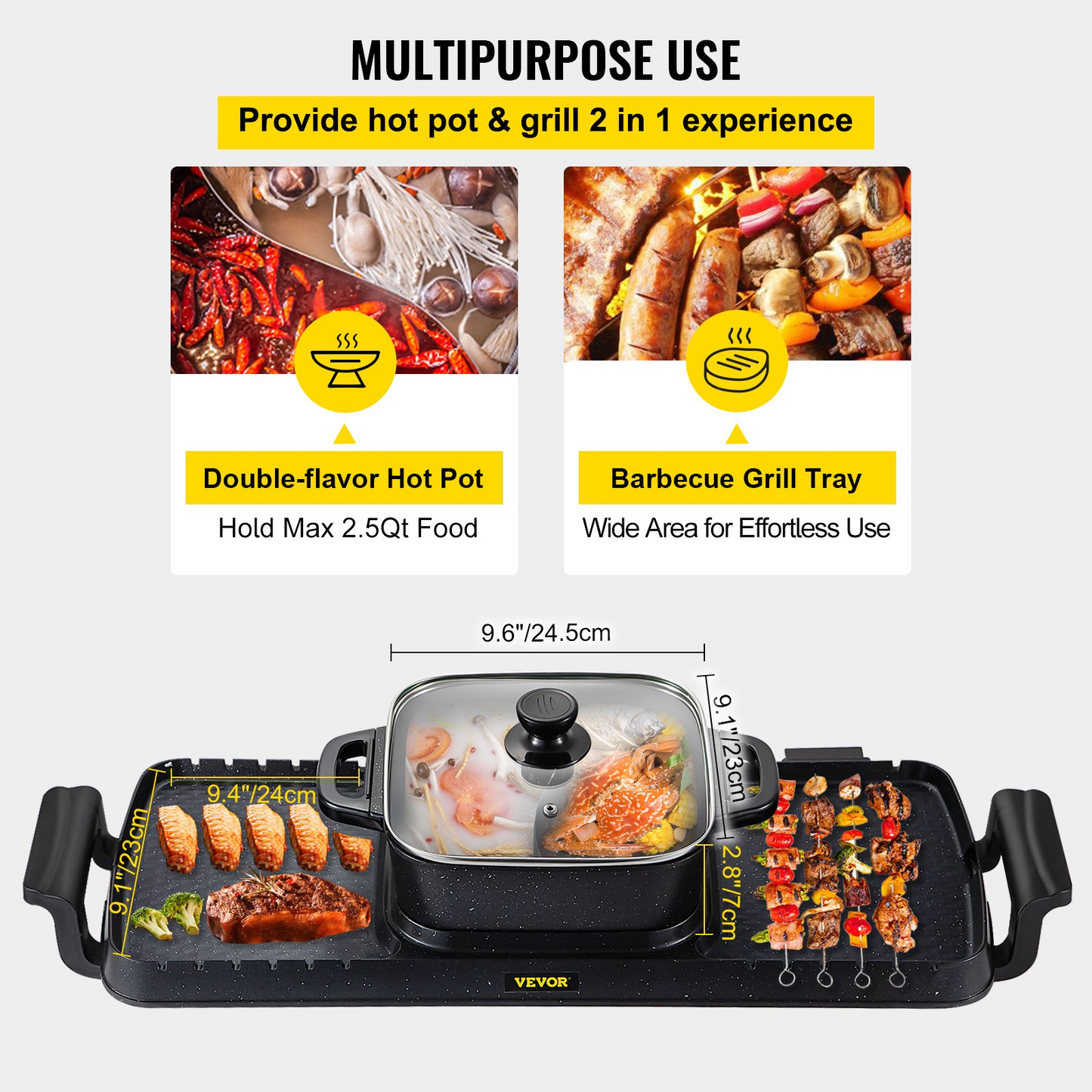 VEVOR 2 in 1 Electric Grill and Hot Pot - Dual Temperature Control, 2400W, Nonstick, Ideal for 1-8 People, Versatile Cooking Solution