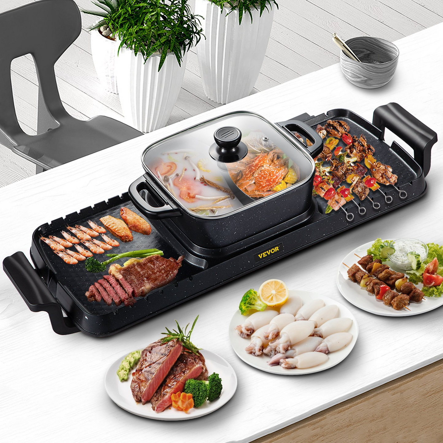VEVOR 2 in 1 Electric Grill and Hot Pot - Dual Temperature Control, 2400W, Nonstick, Ideal for 1-8 People, Versatile Cooking Solution