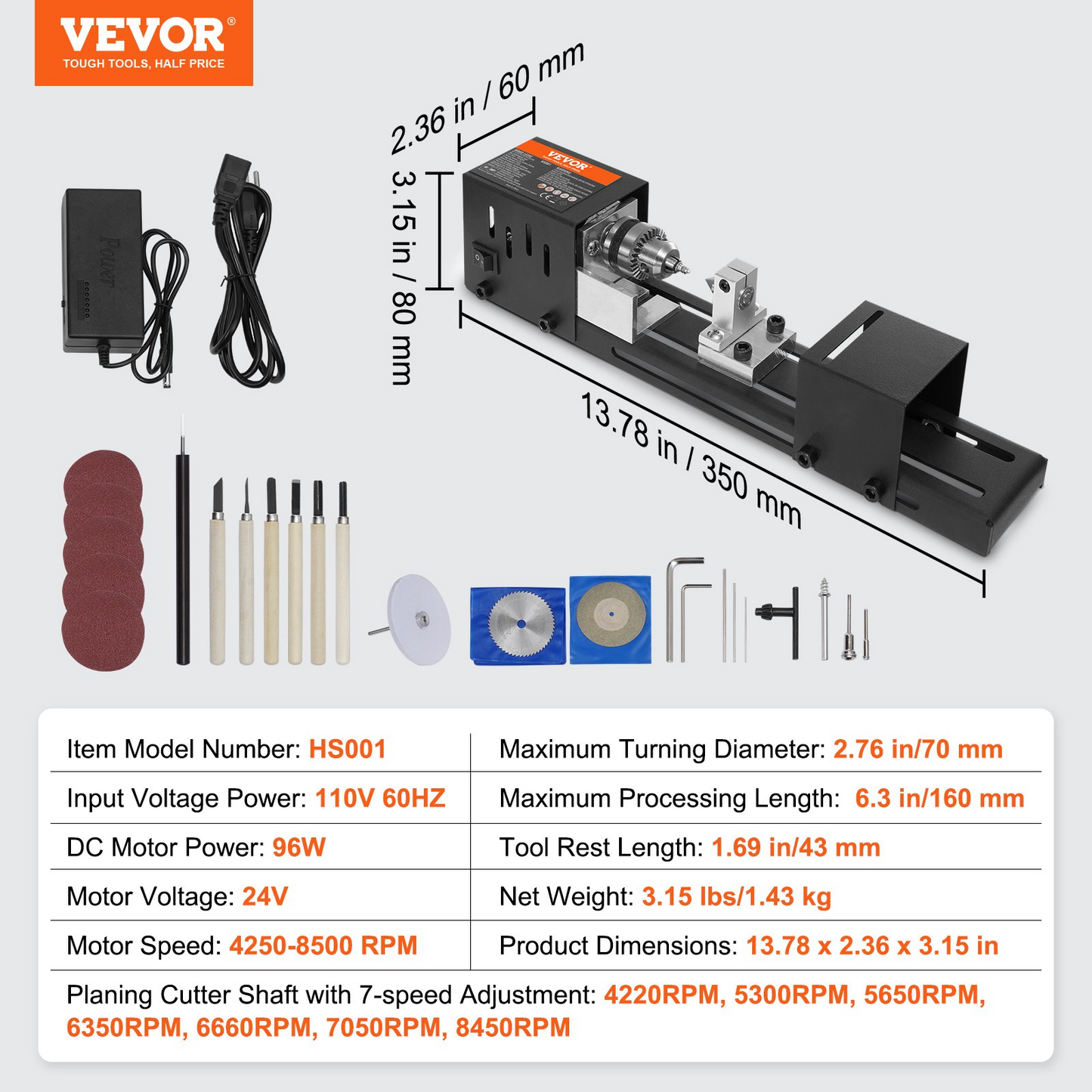 VEVOR Mini Lathe Machine - 2.76 x 6.3 in, 96W 24VDC Motor, 7 Adjustable Speeds, Perfect for DIY Woodworking Projects with Comprehensive Accessory Kit