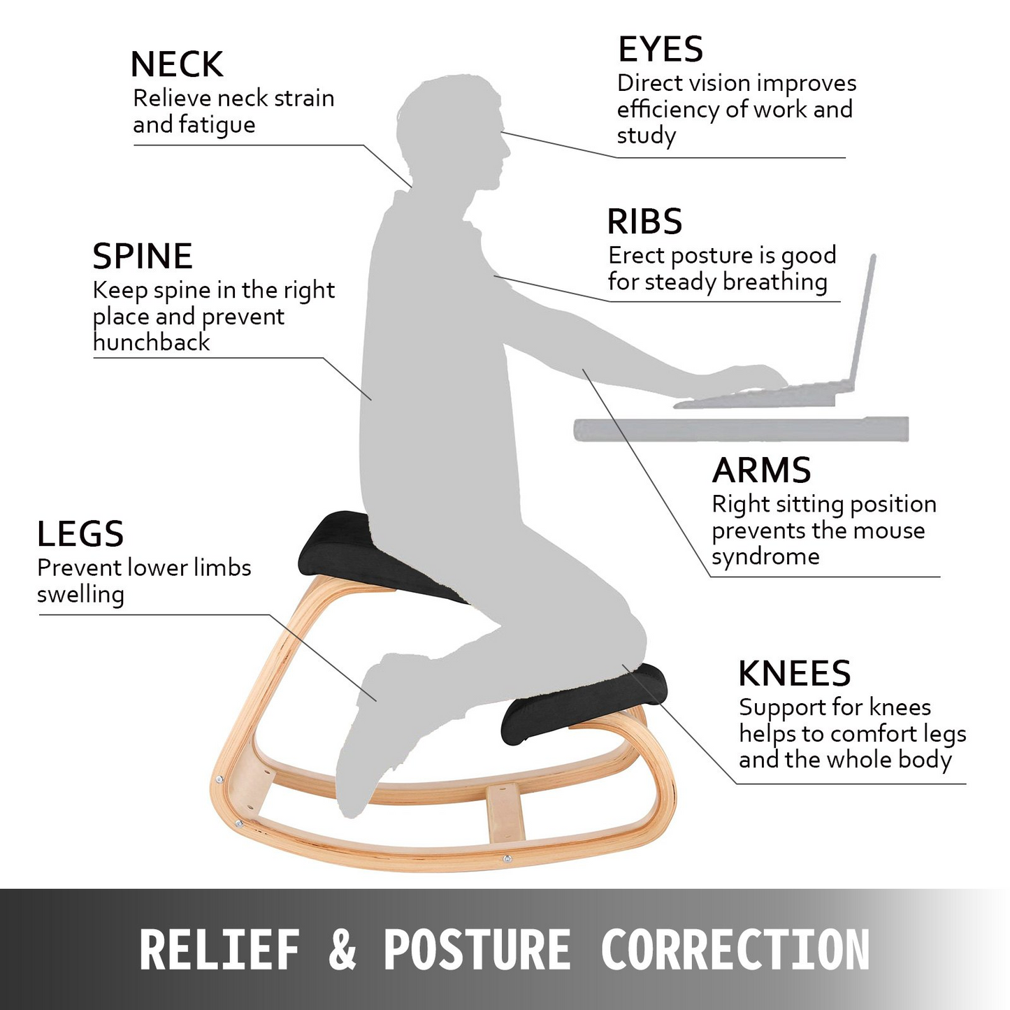 VEVOR Ergonomic Wooden Kneeling Chair - Memory Foam Cushion, Bentwood Frame, Rocking Motion, Alleviate Back Pain & Improve Posture, Home Office Furniture, Black