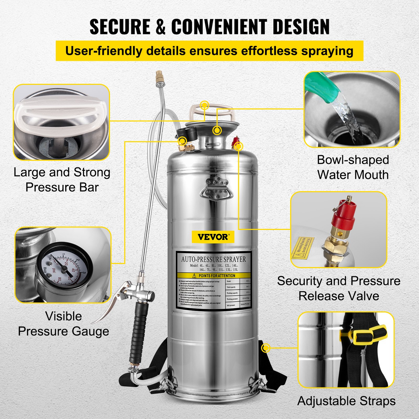 VEVOR 3.5-Gallon Hand Pump Stainless Steel Sprayer Set for Gardening & Sanitizing - Adjustable Nozzle, Pressure Gauge, Durable & Efficient
