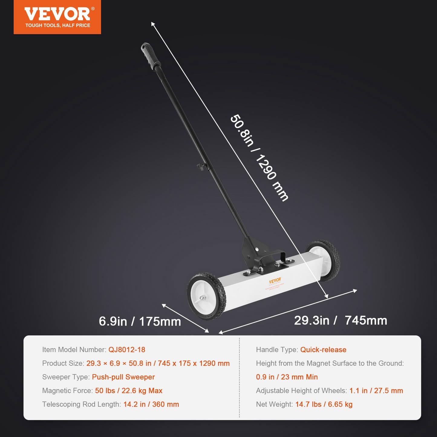 VEVOR 50Lbs Rolling Magnetic Sweeper with Telescoping Handle – Heavy-Duty Magnetic Pickup for Workshop, Garage, and Yard Cleanup