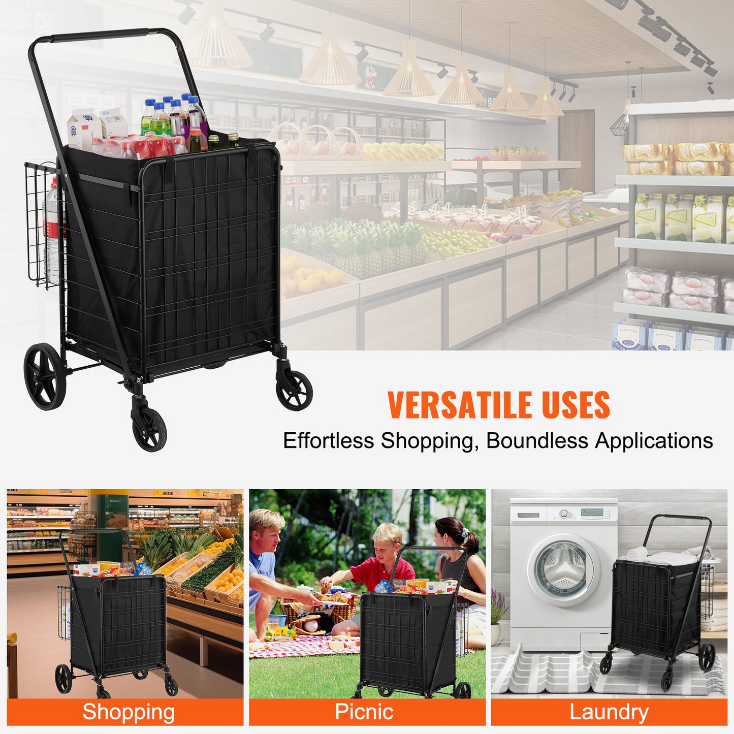 VEVOR Folding Shopping Cart with Removable Waterproof Liner - 330lbs Capacity, Dual Basket Design & Swivel Wheels for Groceries, Laundry, and More