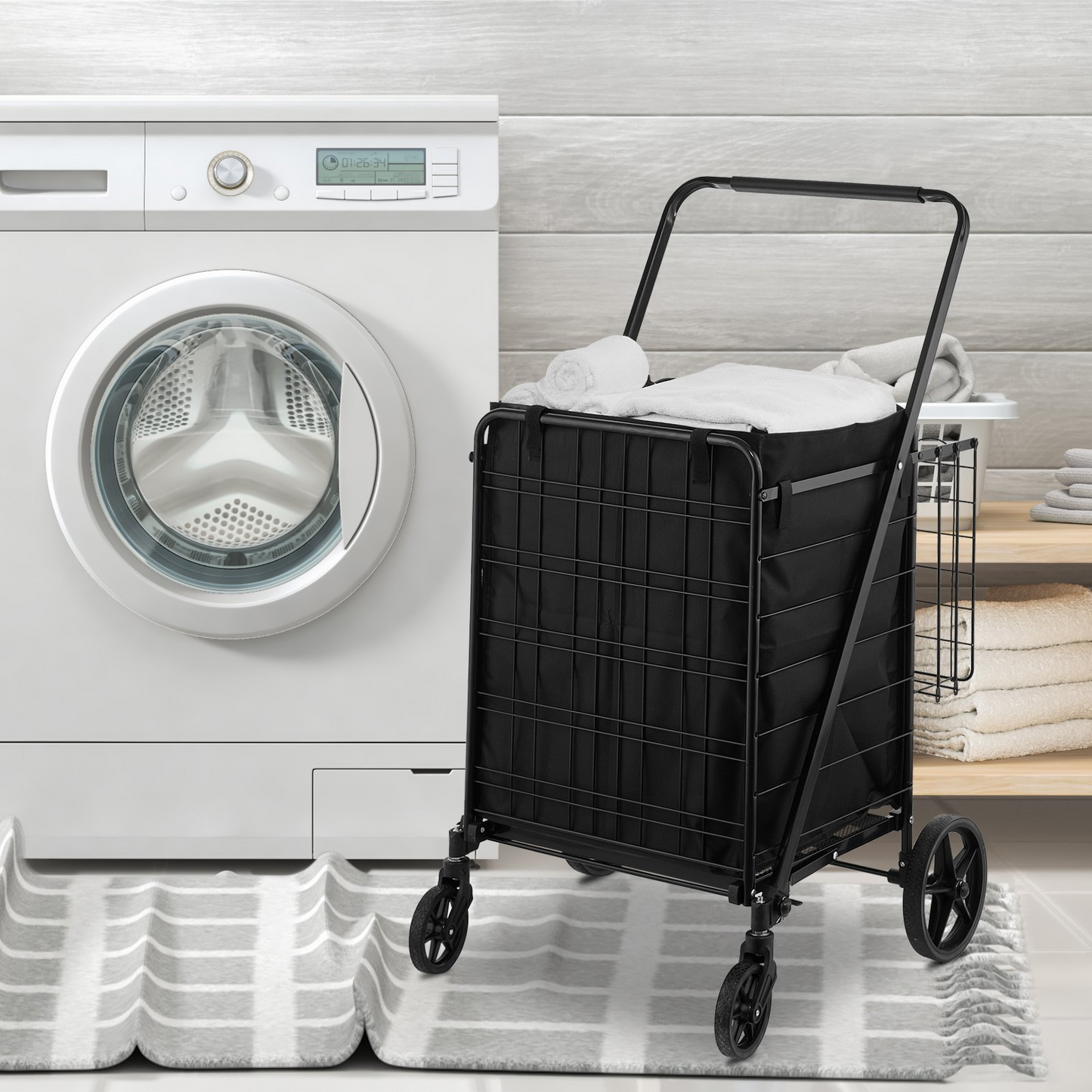 VEVOR Folding Shopping Cart with Removable Waterproof Liner - 330lbs Capacity, Dual Basket Design & Swivel Wheels for Groceries, Laundry, and More