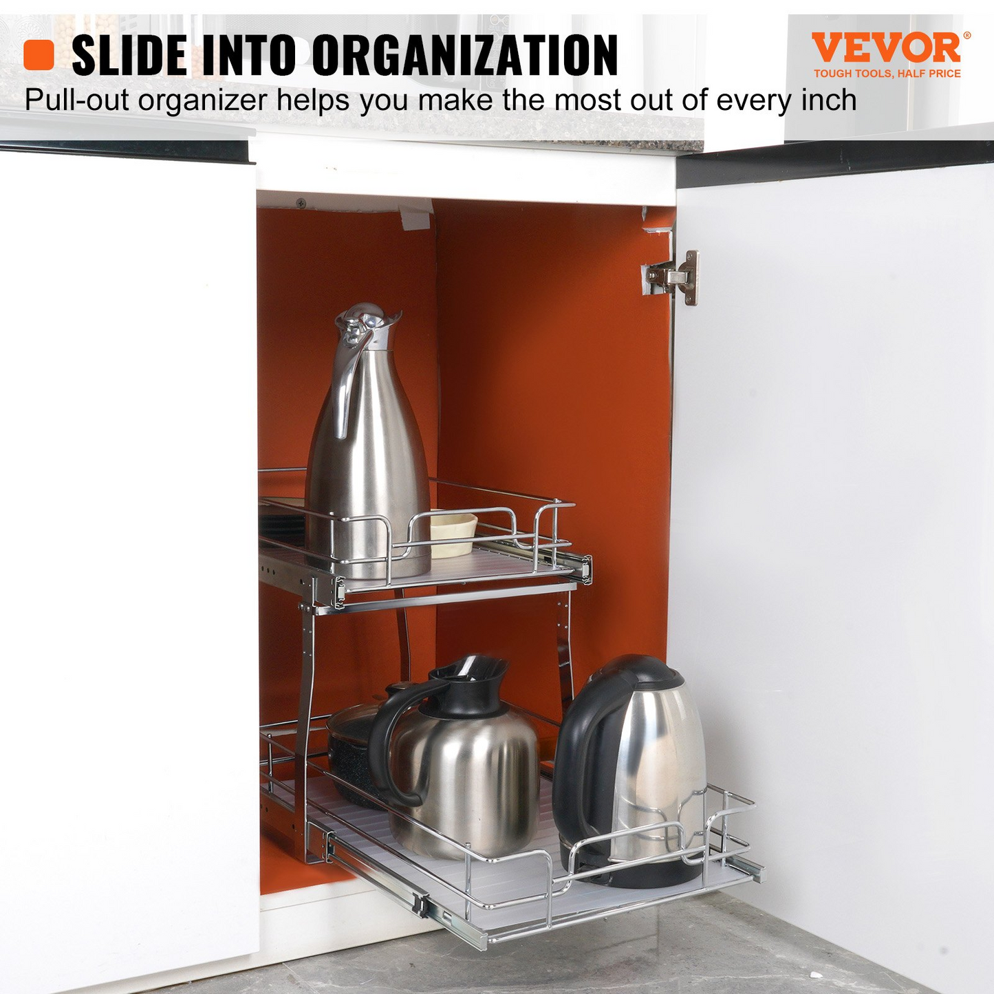 VEVOR 2 Tier Pull Out Cabinet Organizer - 14"W x 21"D Heavy Duty Slide Out Pantry Shelves for Kitchen & Bathroom Storage
