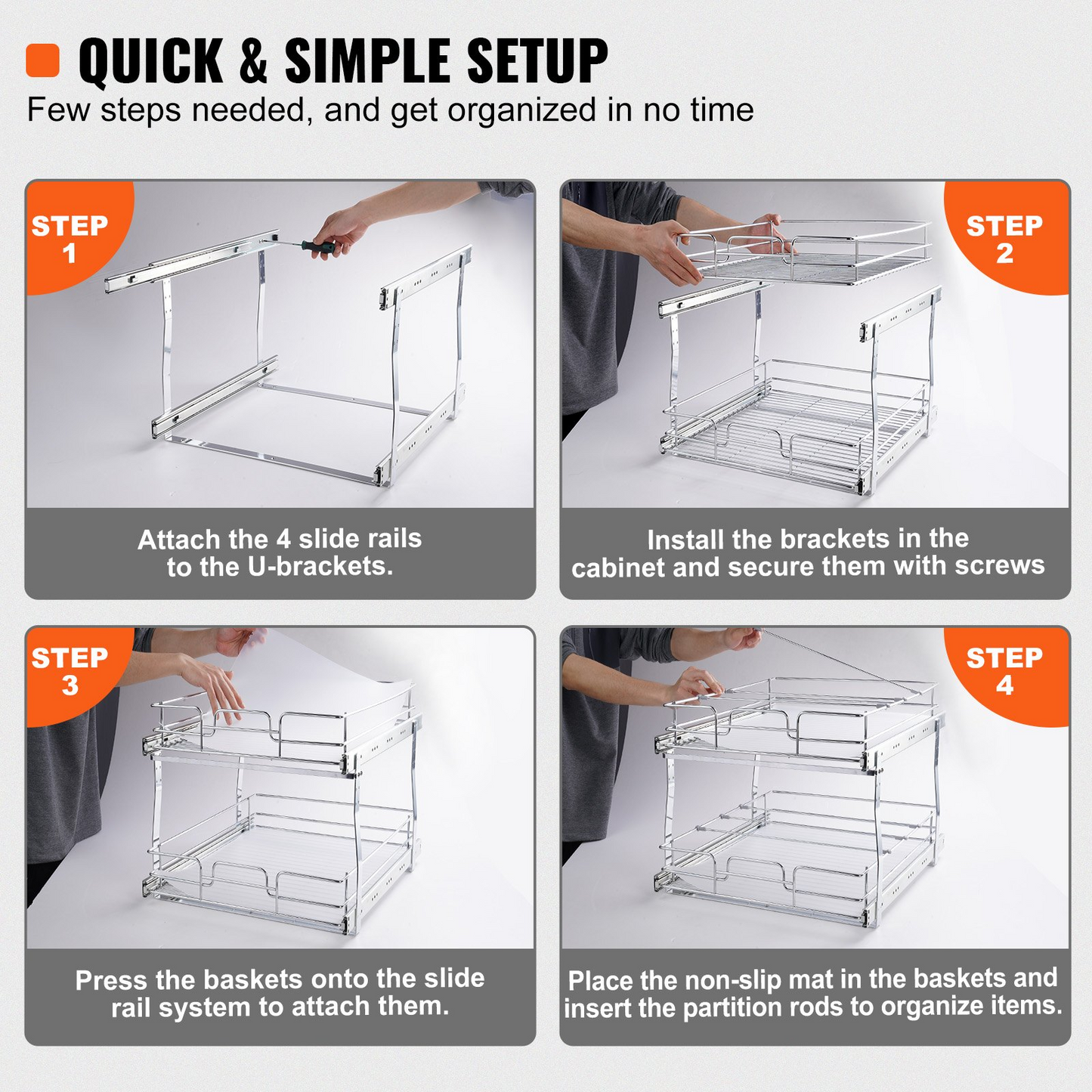 VEVOR 2 Tier Pull Out Cabinet Organizer - 14"W x 21"D Heavy Duty Slide Out Pantry Shelves for Kitchen & Bathroom Storage