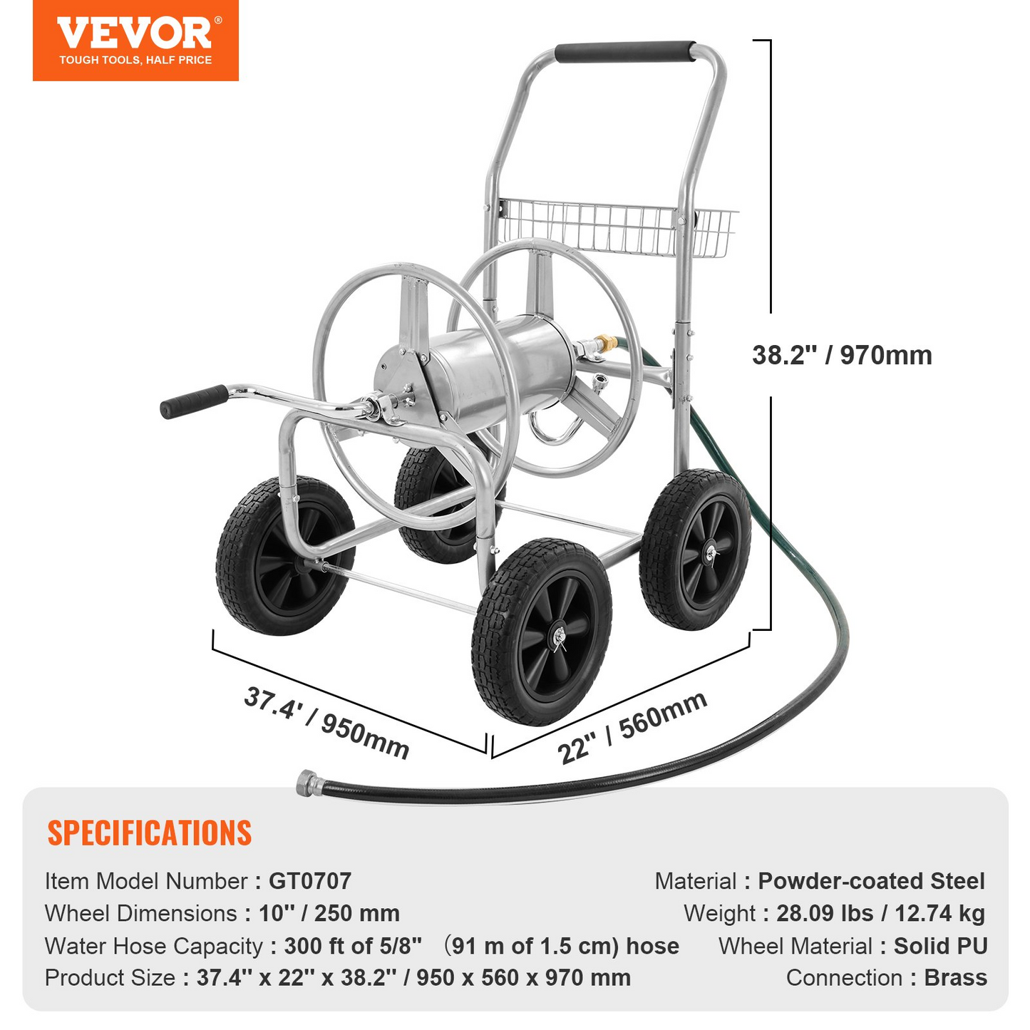 VEVOR Heavy Duty Hose Reel Cart - 300 ft Capacity, 4-Wheel Garden Water Hose Storage with Convenient Basket