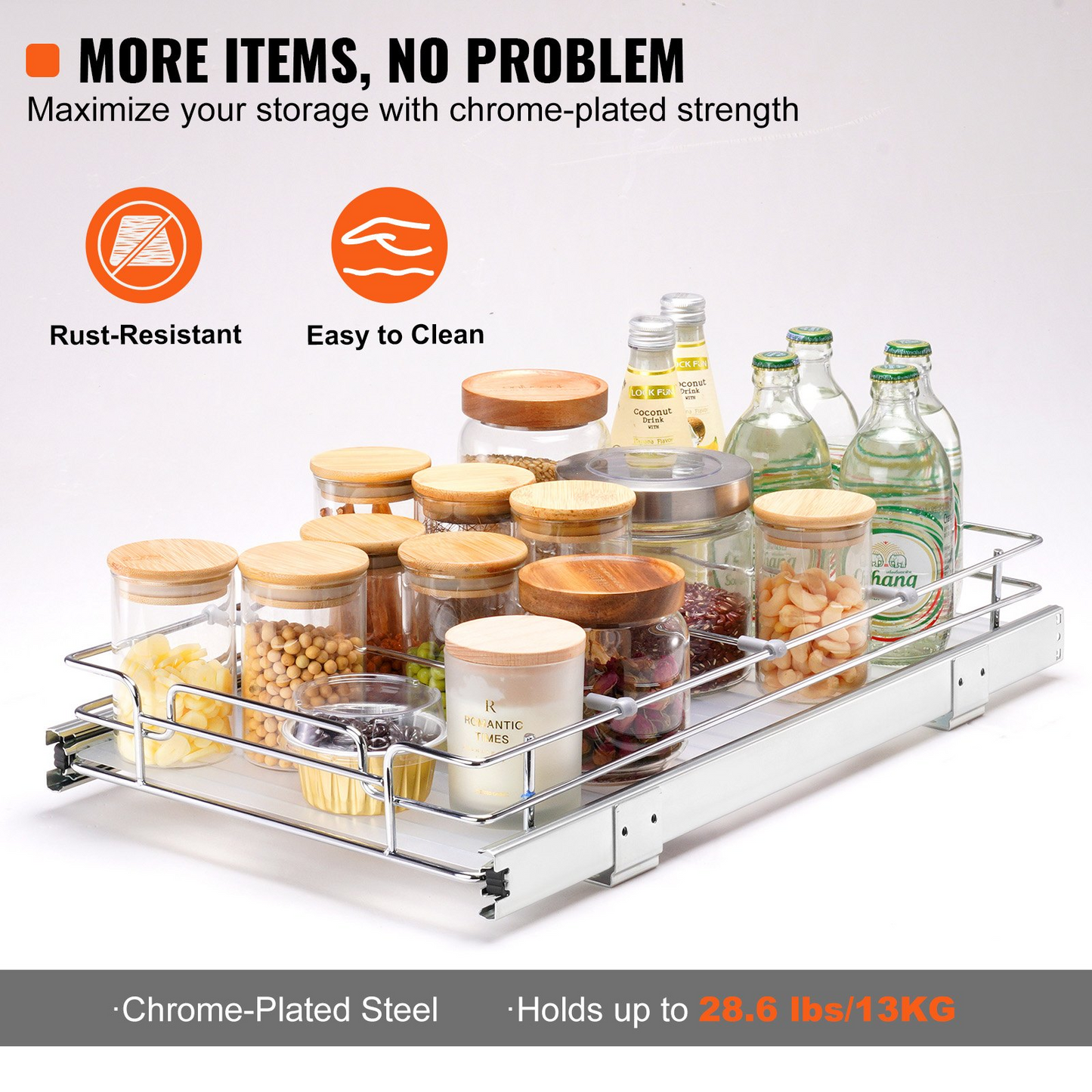 VEVOR Pull Out Cabinet Organizer, 11"W x 21"D, Heavy Duty Slide Out Pantry Shelves, Chrome-Plated Steel Roll Out Drawers for Kitchen, Bathroom & Under Sink Storage