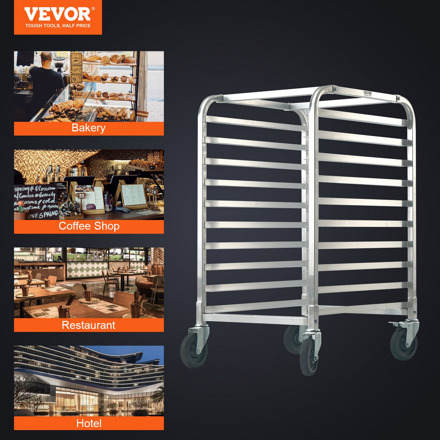 VEVOR 10-Tier Bun Pan Rack with Brake Wheels - Sturdy & Versatile Aluminum Bakery Storage Solution