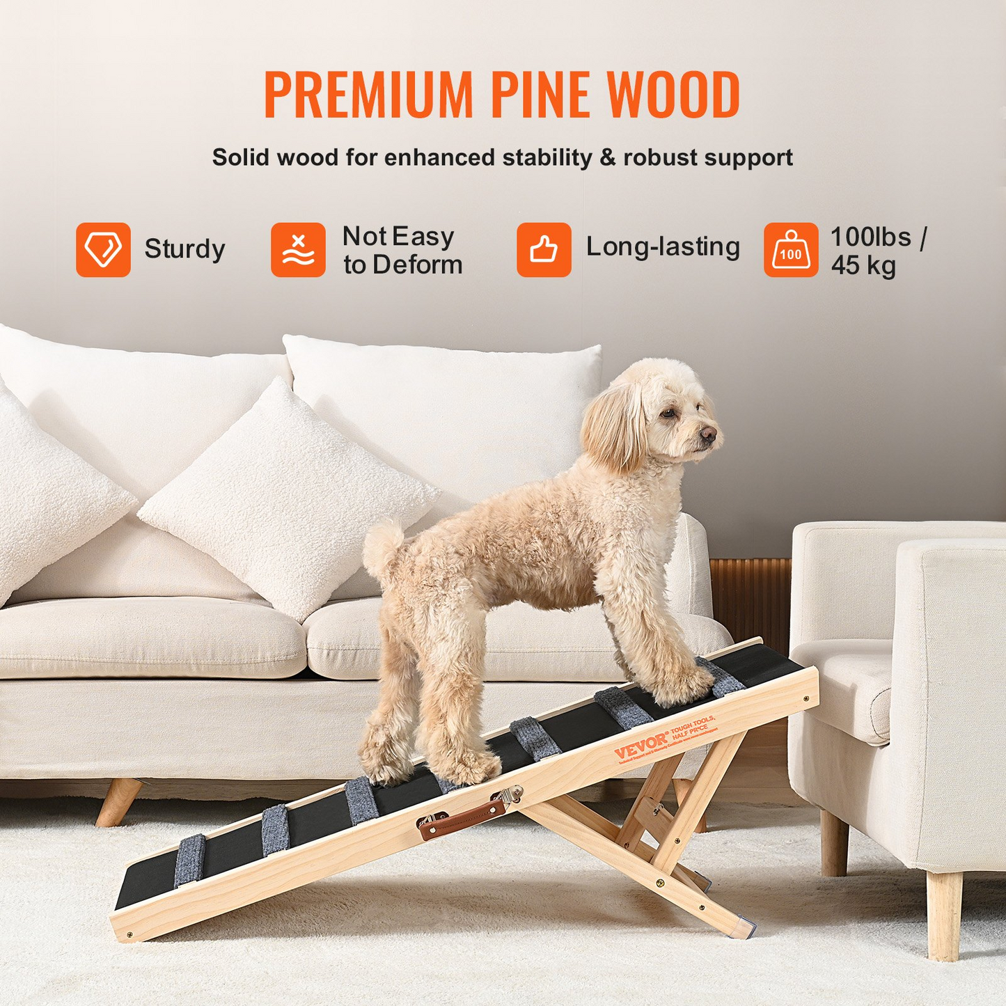 VEVOR Folding Dog Ramp - Adjustable Wooden Pet Ramp for Bed, Couch, Sofa, and Car - Ideal for Small, Large, and Elderly Pets - 5 Height Levels - Portable & Durable Design