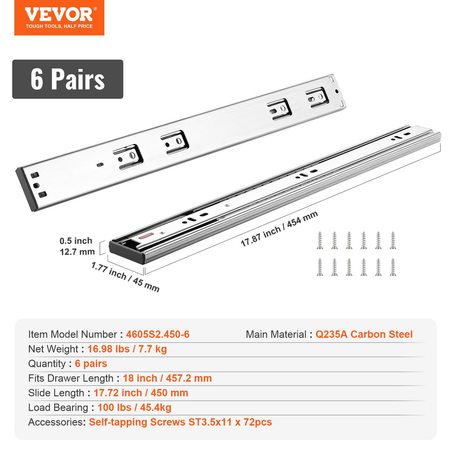 VEVOR 18" Heavy Duty Soft-Close Drawer Slides - 6 Pairs, 100 lbs Capacity, Steel Ball Bearings for Kitchen & Office Cabinets