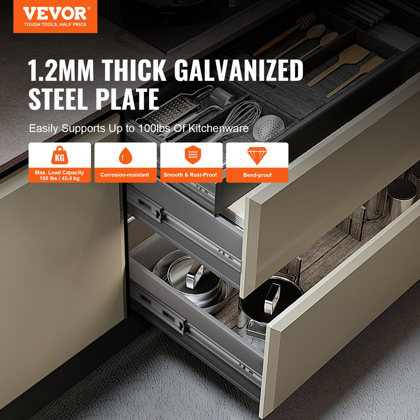 VEVOR 24 Inch Heavy Duty Drawer Slides, 10 Pairs - Soft-Close, Full Extension, Silent Operation, 100 Lbs Load Capacity, Easy Installation