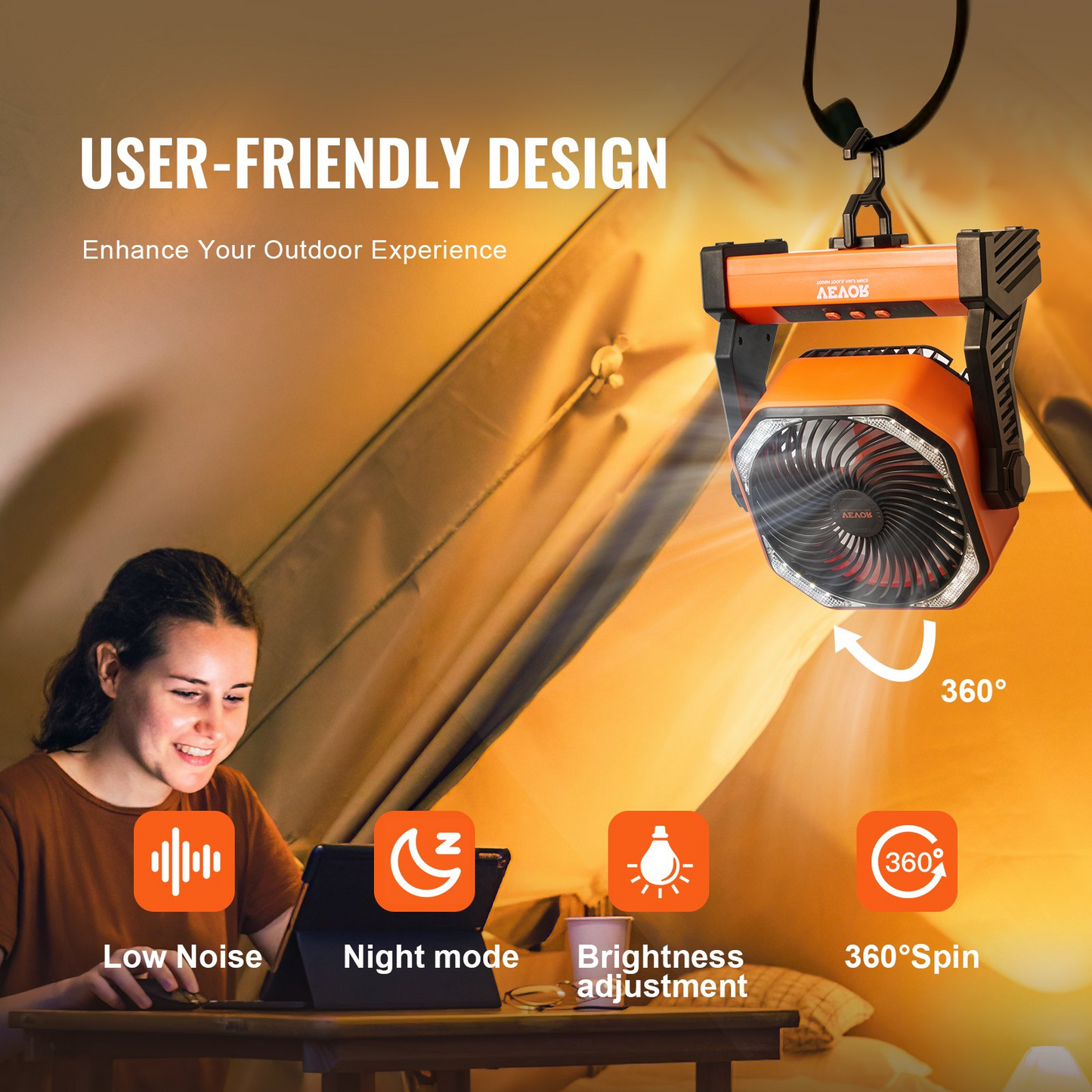 VEVOR 8-Inch Rechargeable Portable Fan with LED Lantern - 20000mAh Battery, 4-Speed Adjustable, Lightweight & Durable for Camping, Travel, Home & Office