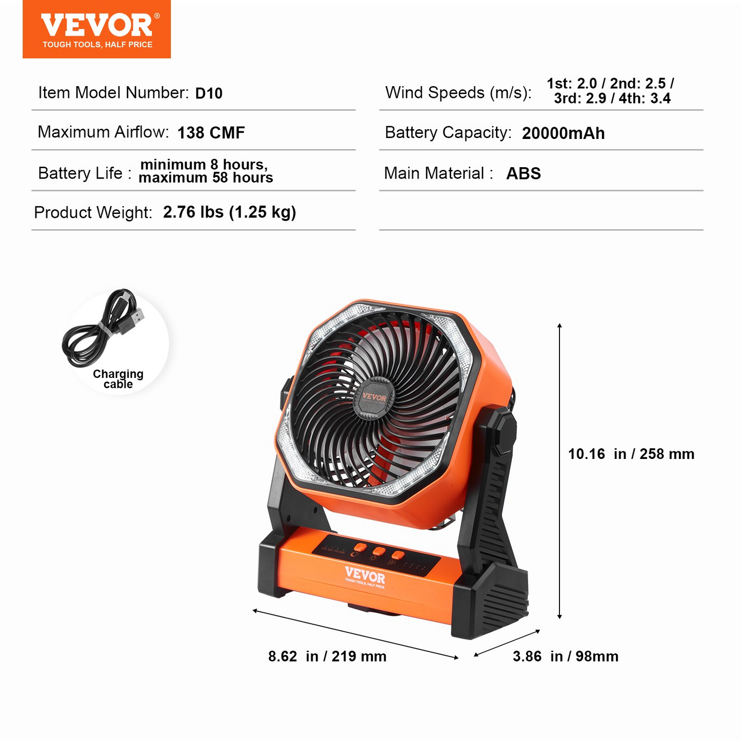 VEVOR 8-Inch Rechargeable Portable Fan with LED Lantern - 20000mAh Battery, 4-Speed Adjustable, Lightweight & Durable for Camping, Travel, Home & Office