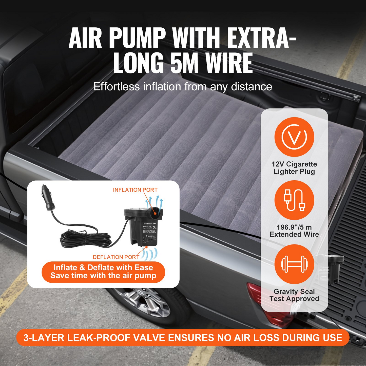 VEVOR Truck Bed Air Mattress - Premium Inflatable Camping Bed for Short Truck Beds | Durable 600 lbs Capacity | Quick Inflate with 12V Air Pump & Cozy Pillows