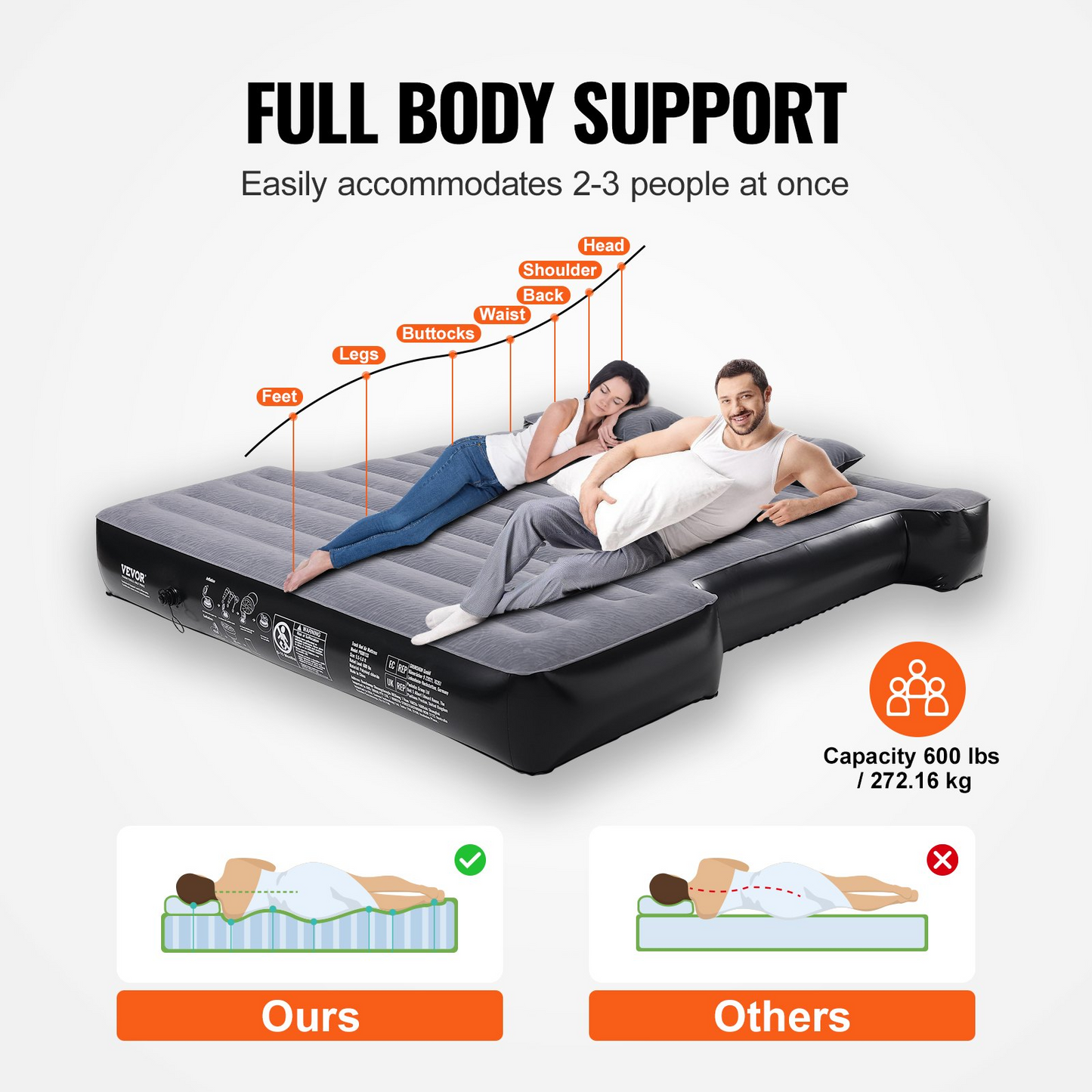 VEVOR Truck Bed Air Mattress - Premium Inflatable Camping Bed for Short Truck Beds | Durable 600 lbs Capacity | Quick Inflate with 12V Air Pump & Cozy Pillows