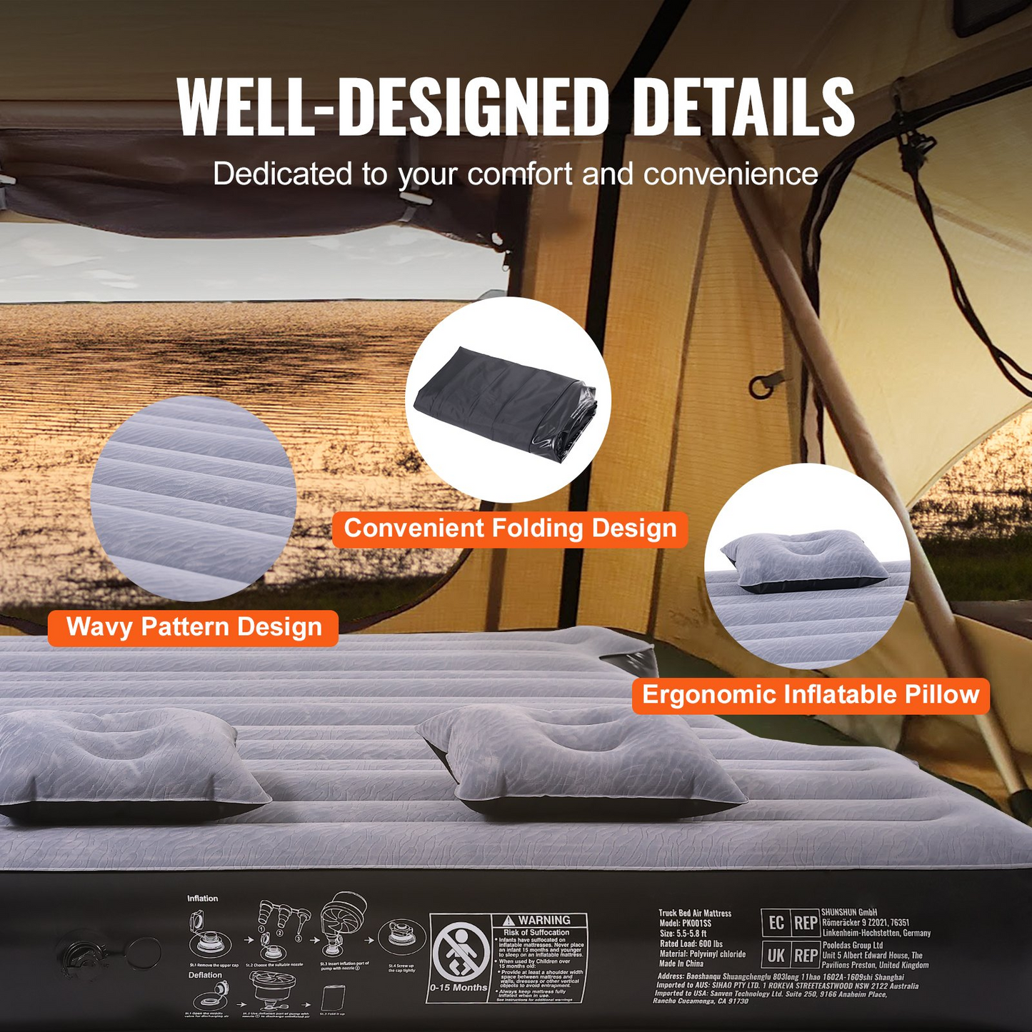 VEVOR Truck Bed Air Mattress - Premium Inflatable Camping Bed for Short Truck Beds | Durable 600 lbs Capacity | Quick Inflate with 12V Air Pump & Cozy Pillows