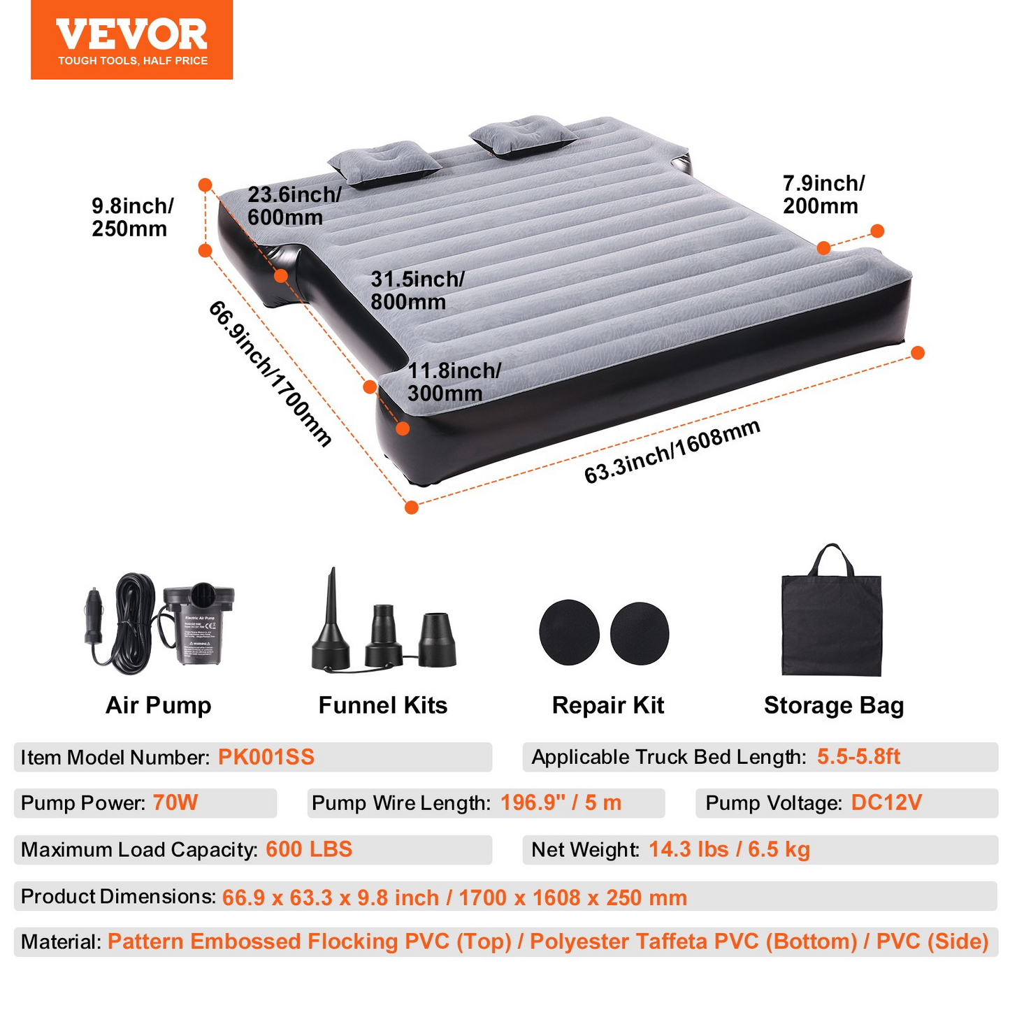 VEVOR Truck Bed Air Mattress - Premium Inflatable Camping Bed for Short Truck Beds | Durable 600 lbs Capacity | Quick Inflate with 12V Air Pump & Cozy Pillows