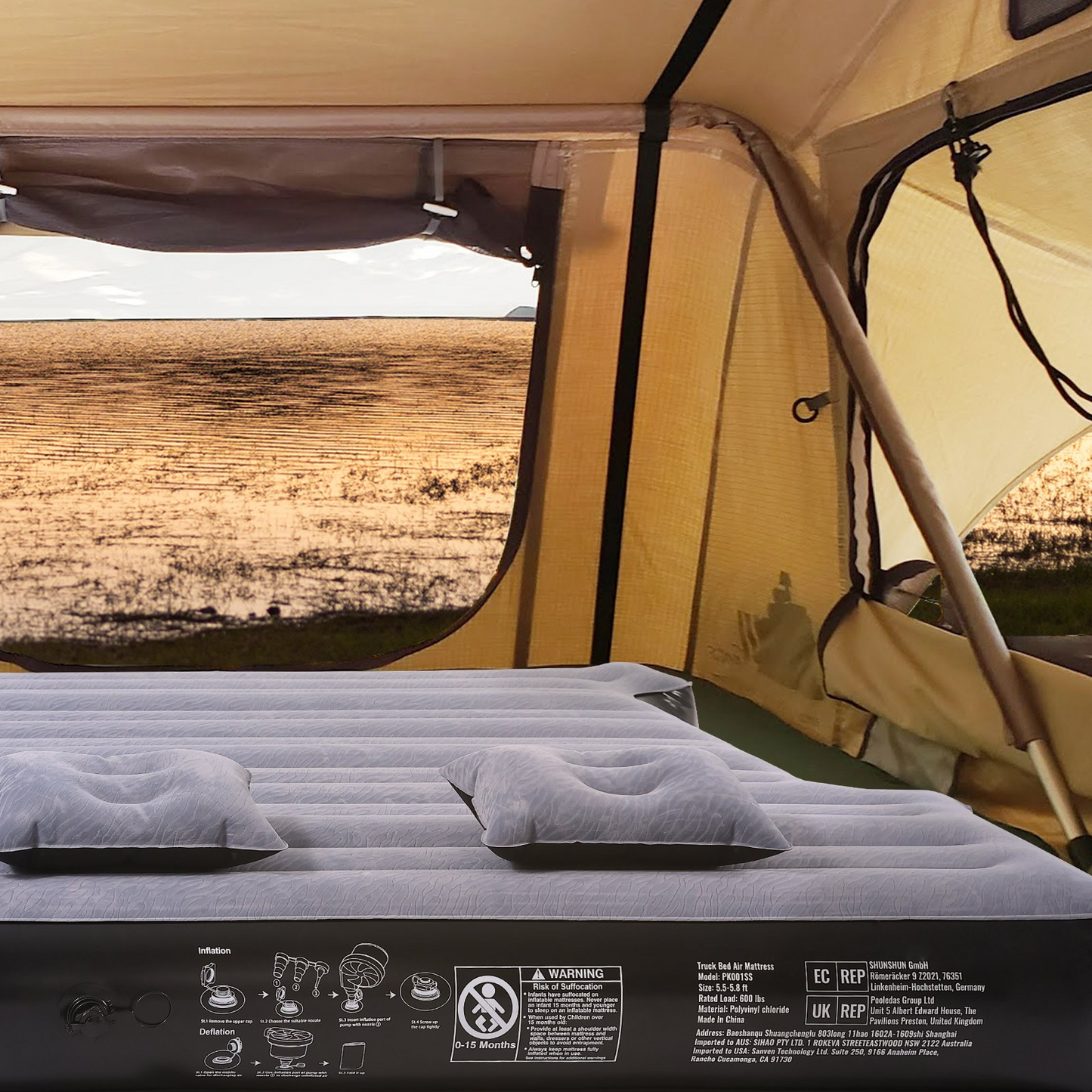 VEVOR Truck Bed Air Mattress - Premium Inflatable Camping Bed for Short Truck Beds | Durable 600 lbs Capacity | Quick Inflate with 12V Air Pump & Cozy Pillows