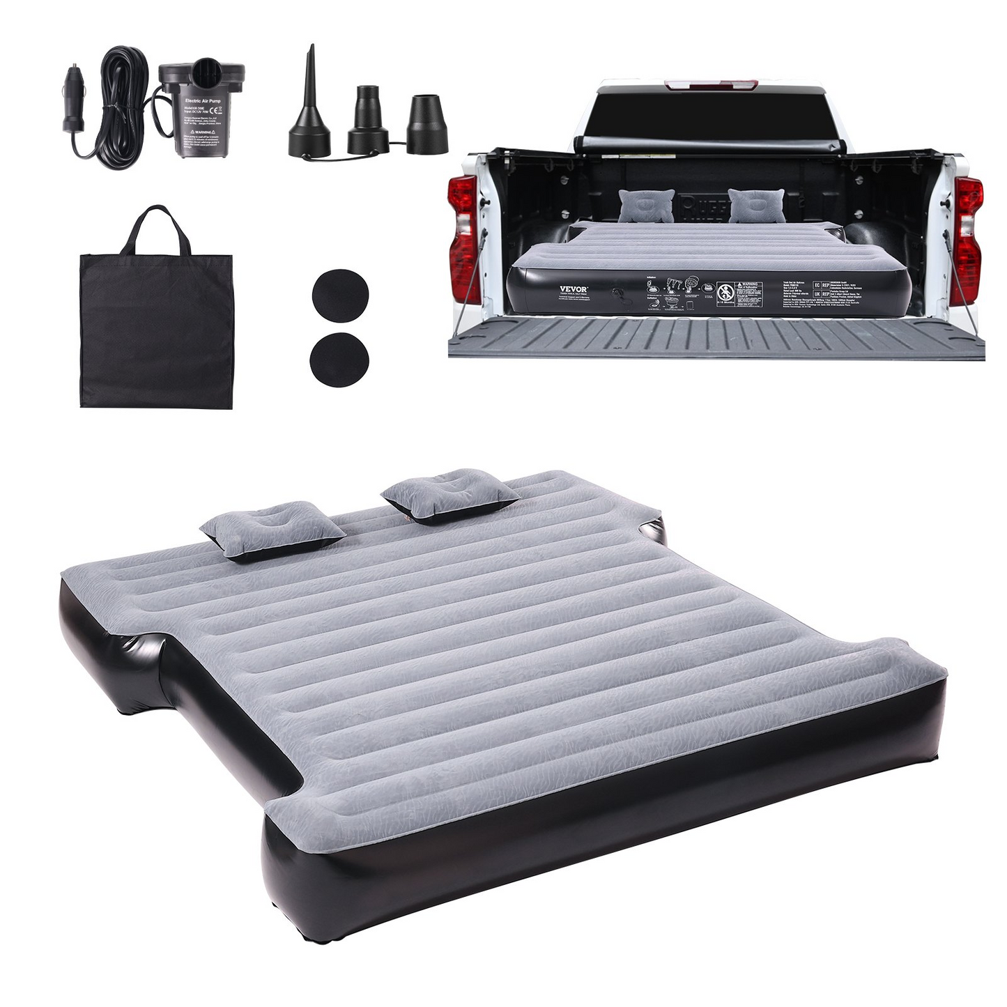 VEVOR Truck Bed Air Mattress - Premium Inflatable Camping Bed for Short Truck Beds | Durable 600 lbs Capacity | Quick Inflate with 12V Air Pump & Cozy Pillows