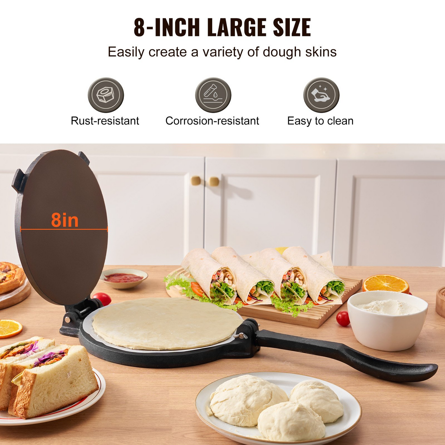 VEVOR 8-Inch Cast Iron Tortilla Press - Heavy Duty Tortilladora for Authentic Tortillas and Rotis