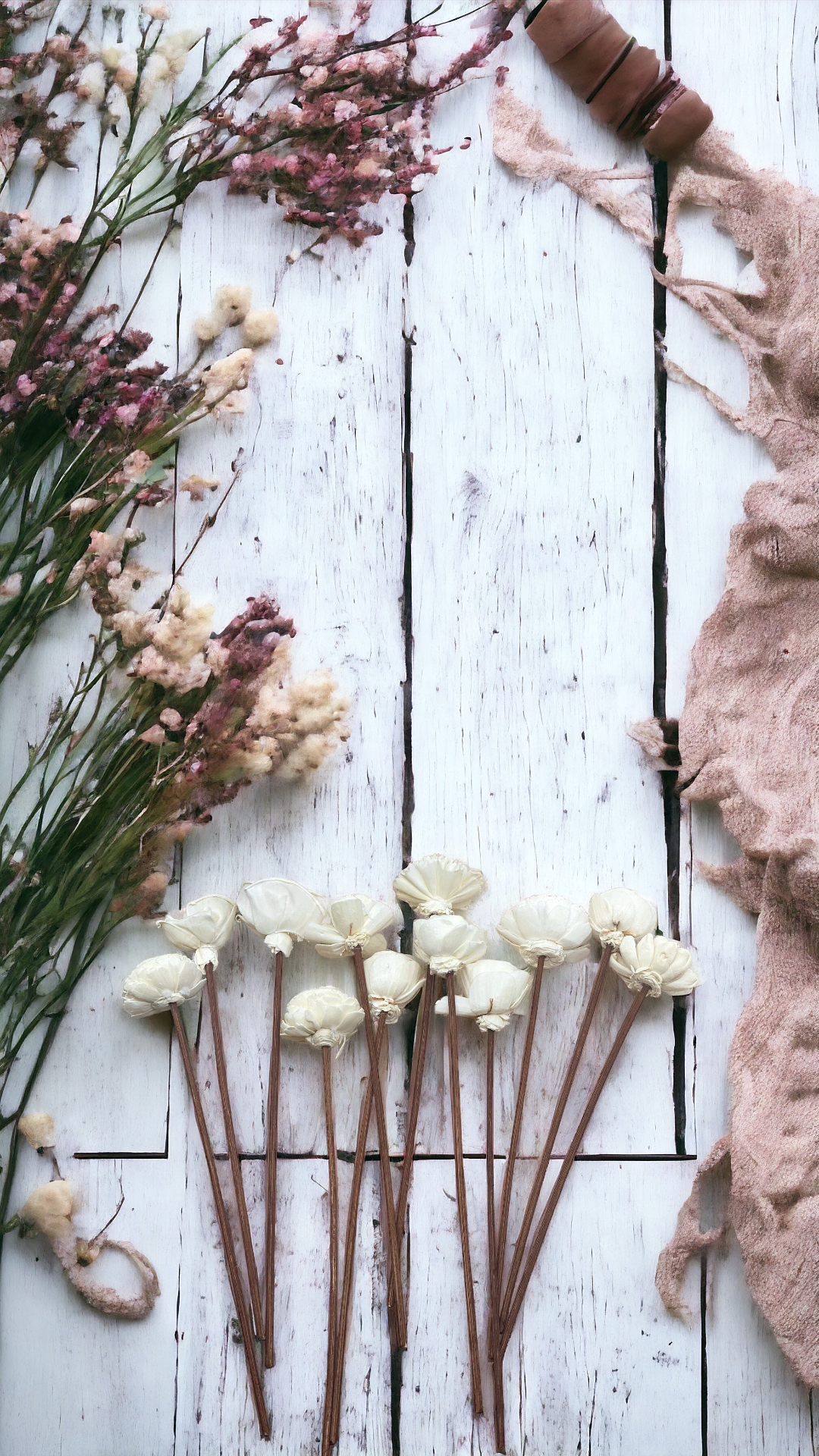 Assorted Mini Sola Wood Flowers with 9” Rattan Reed Diffuser Sticks - 12 Pack, Natural White and Almond Brown, Handmade Craft & Home Decor, Eco-Friendly & Versatile Applications for Gifting, Wedding & Aromatherapy