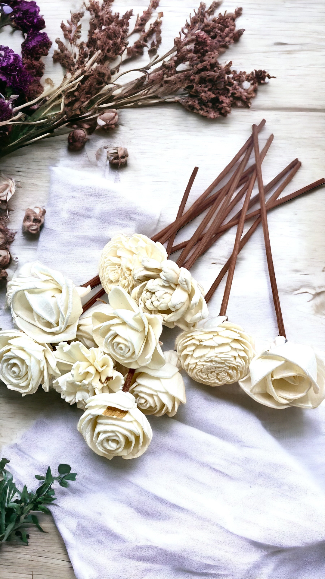 Assorted Mini Sola Wood Flowers with 9” Rattan Reed Diffuser Sticks - 12 Pack, Natural White and Almond Brown, Handmade Craft & Home Decor, Eco-Friendly & Versatile Applications for Gifting, Wedding & Aromatherapy