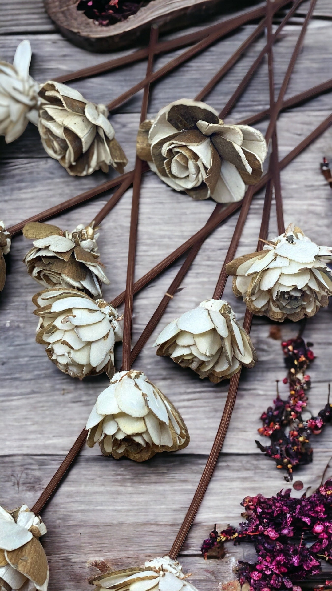 Assorted Mini Sola Wood Flowers with 9” Rattan Reed Diffuser Sticks - 12 Pack, Natural White and Almond Brown, Handmade Craft & Home Decor, Eco-Friendly & Versatile Applications for Gifting, Wedding & Aromatherapy