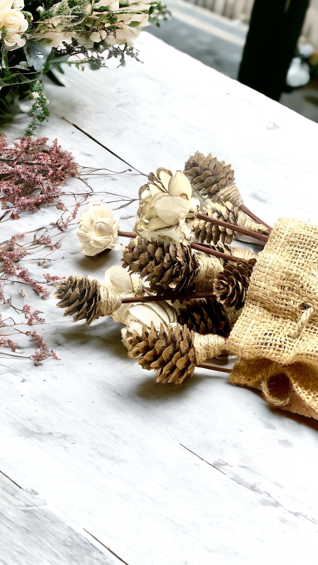 Assorted Mini Sola Wood Flowers with 9” Rattan Reed Diffuser Sticks - 12 Pack, Natural White and Almond Brown, Handmade Craft & Home Decor, Eco-Friendly & Versatile Applications for Gifting, Wedding & Aromatherapy