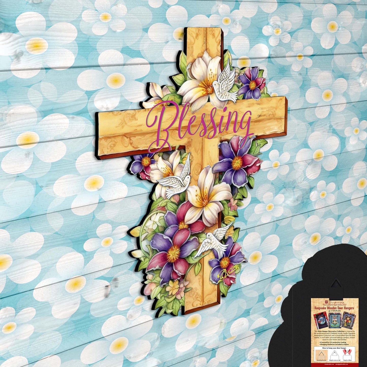 Floral Dove Blessing Cross Holiday Door Decor by G. Debrekht - Easter Spring Decor - 8688163H-4