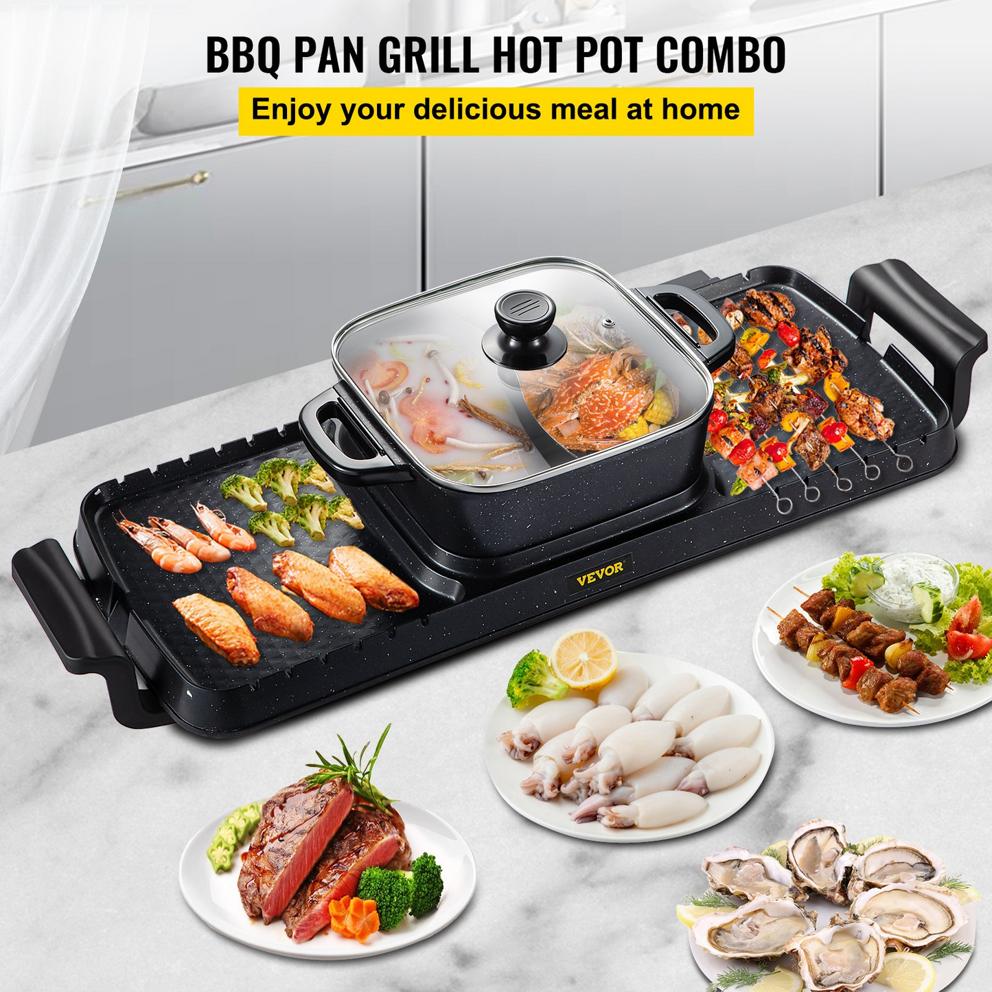 VEVOR 2 in 1 Electric Grill and Hot Pot - Dual Temperature Control, 2400W, Nonstick, Ideal for 1-8 People, Versatile Cooking Solution