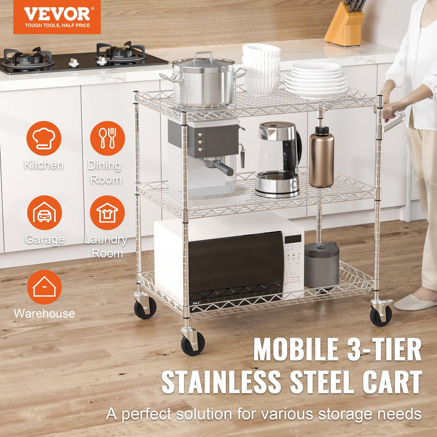 VEVOR Heavy-Duty 3-Tier Utility Cart - 30"x18"x32.4" Metal Rolling Cart with Lockable Wheels for Home, Office, Garage Storage