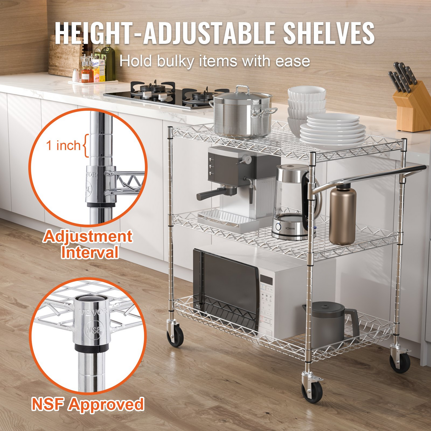 VEVOR Heavy-Duty 3-Tier Utility Cart - 30"x18"x32.4" Metal Rolling Cart with Lockable Wheels for Home, Office, Garage Storage